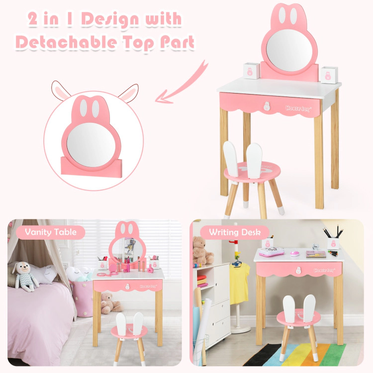 Hivvago Kids Vanity Set Rabbit Makeup Dressing Table Chair Set With Mirror And Drawer