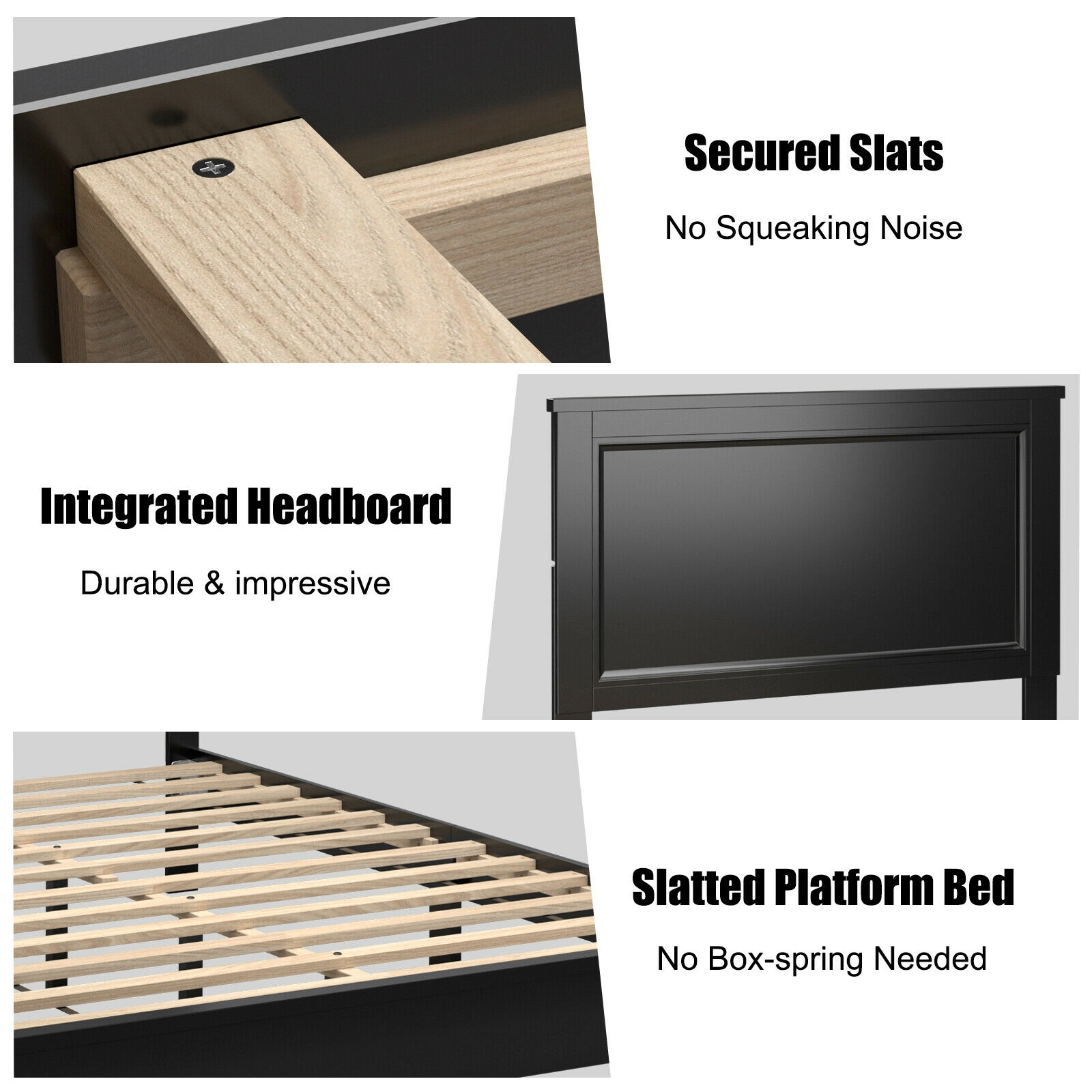 SUGIFT Queen Size Black Wood Platform Bed Frame with High Headboard and Roll-Out Slats