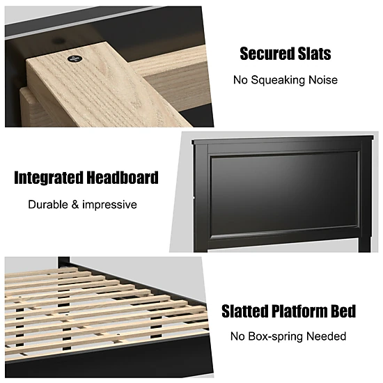 SUGIFT Queen Size 800-lb Bed Capacity Wood Platform Bed Frame with High Headboard and Roll-Out Slats Black