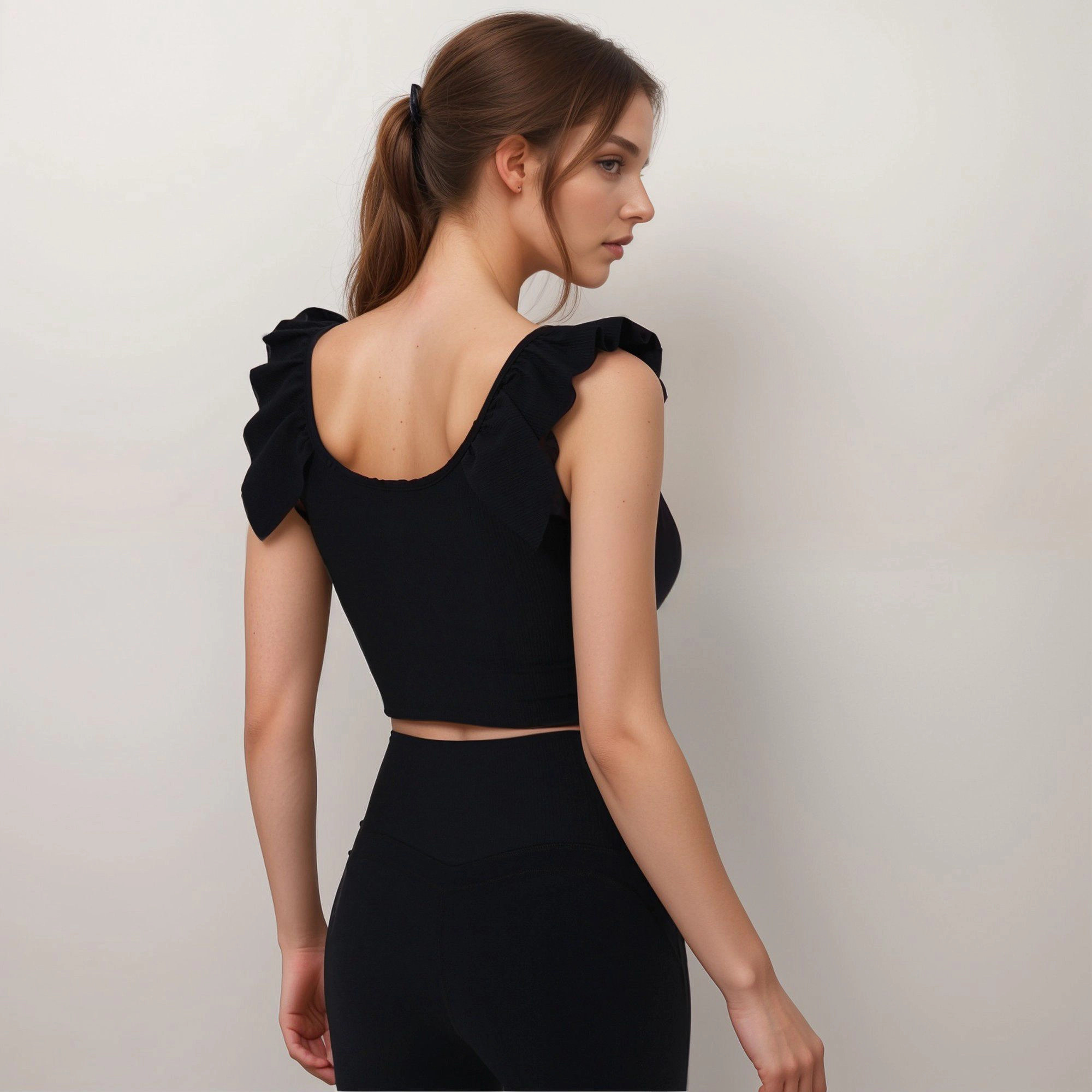 Anna-Kaci Women's Ribbed Scoop Neck Crop Top with Flutter Shoulder Details and Seamless Fitted Design