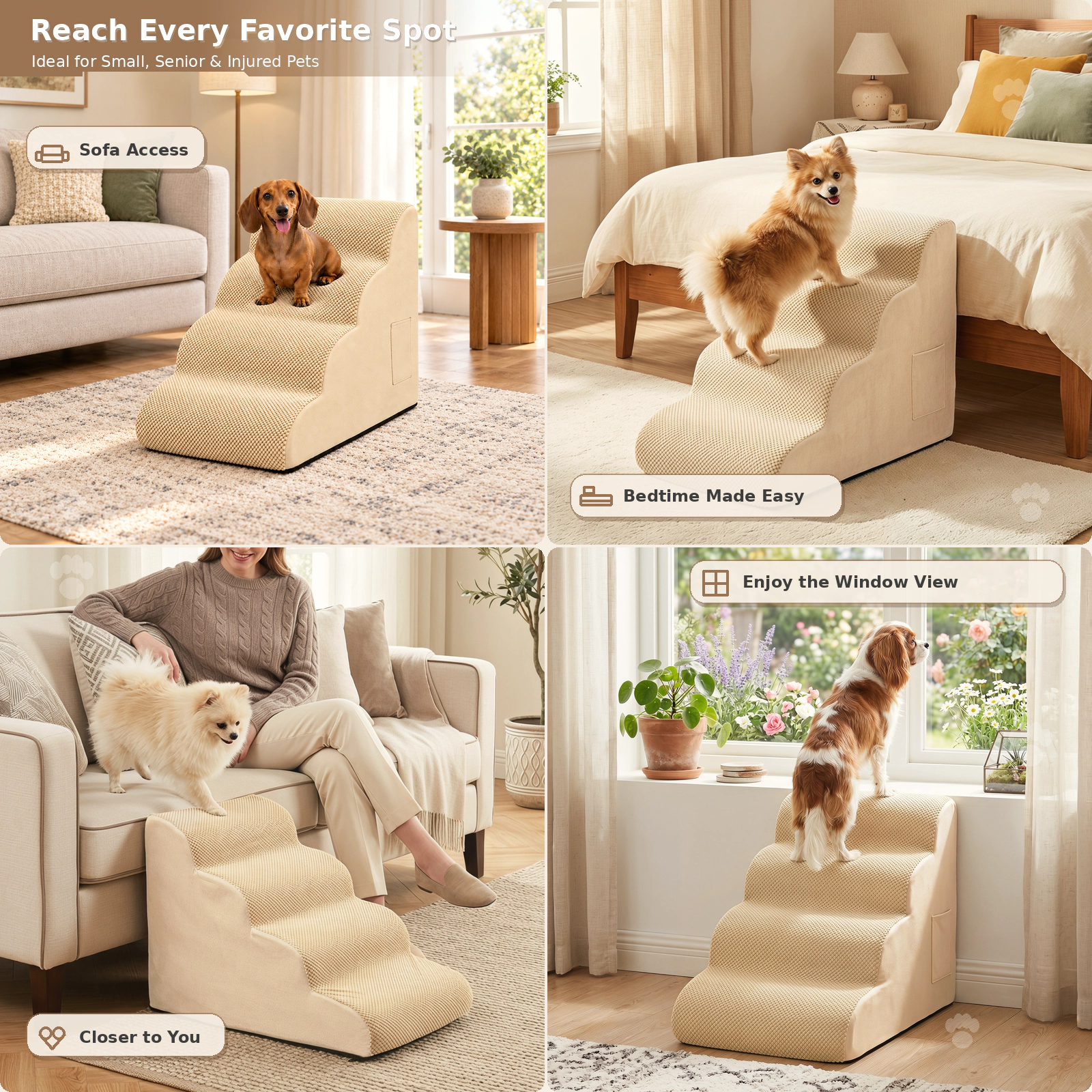 SUGIFT Beige 4-Tier Foam Dog Stairs with Washable Zippered Cover 28.5-in W 16-in D 20-in H 132-lb Step Capacity