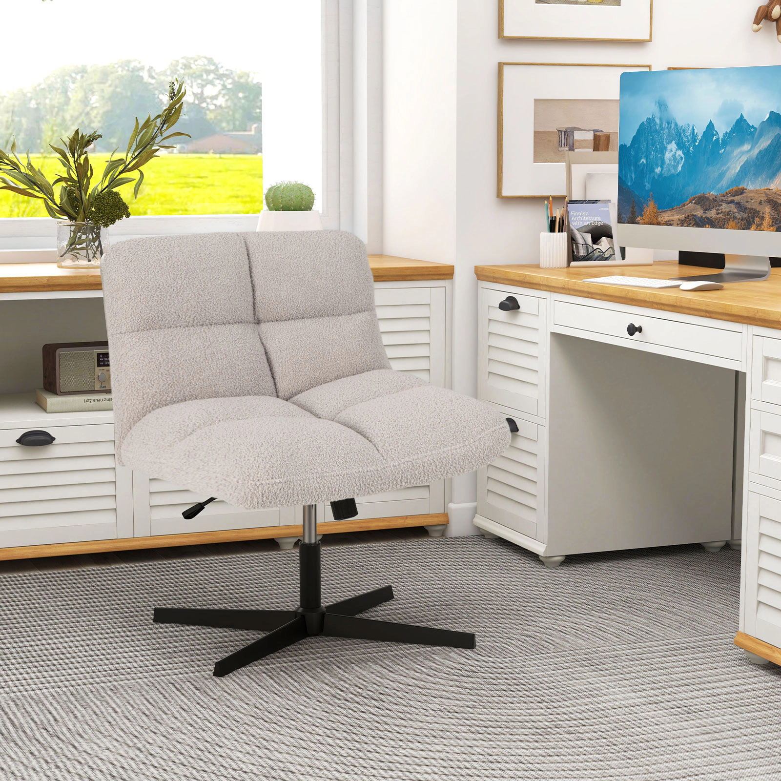 SUGIFT 25-in Wide Seat Lamb Fleece Armless Cross Legged Swivel Office Chair 26-in x 25-in x 30.5-in 350-lb Gray