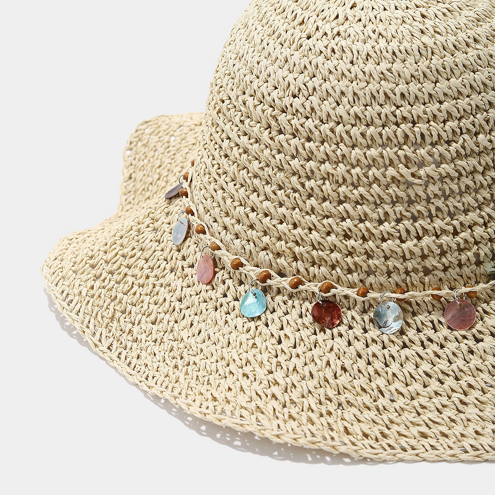 Anna-Kaci Womens Woven Straw Sun Hat with Beaded Band and Floppy Brim
