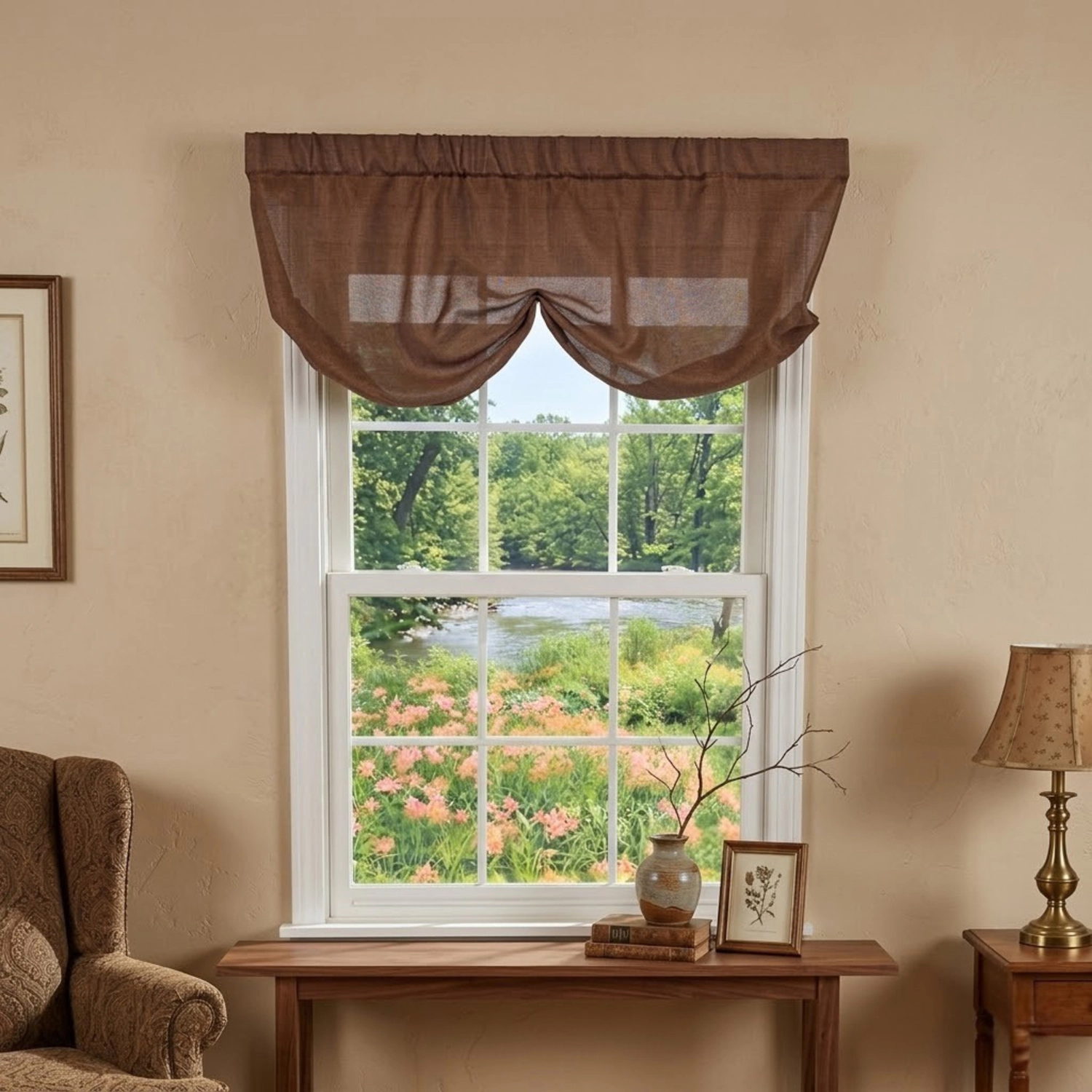 RLF Home Linen Sheer Stationary Balloon Window Valance 100% Cotton Rod Pocket 50" x 17" Brown