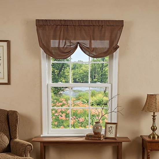 RLF Home Linen Sheer Stationary Balloon Window Valance 100% Cotton Rod Pocket 50" x 17" Brown