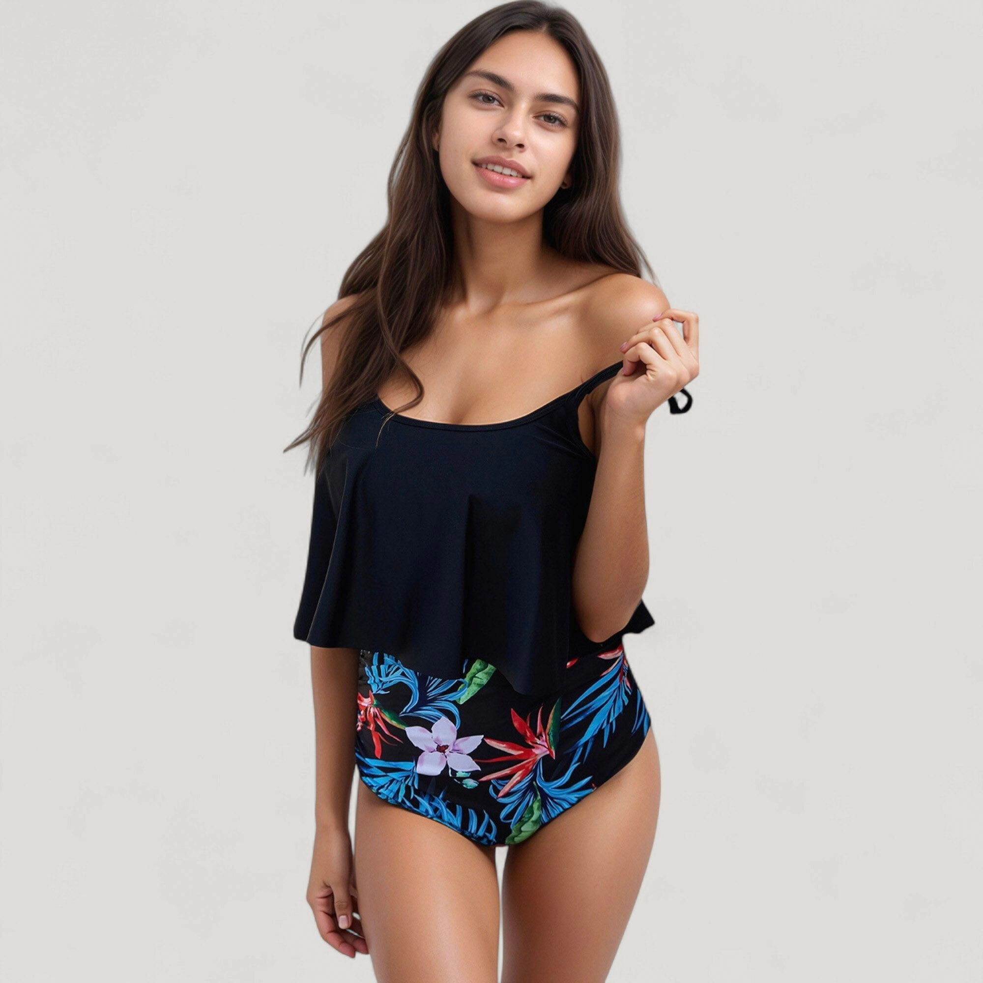 Anna-Kaci Women's Tankini Swimsuit with Loose Flowy Top and Tropical High Waist Bottom