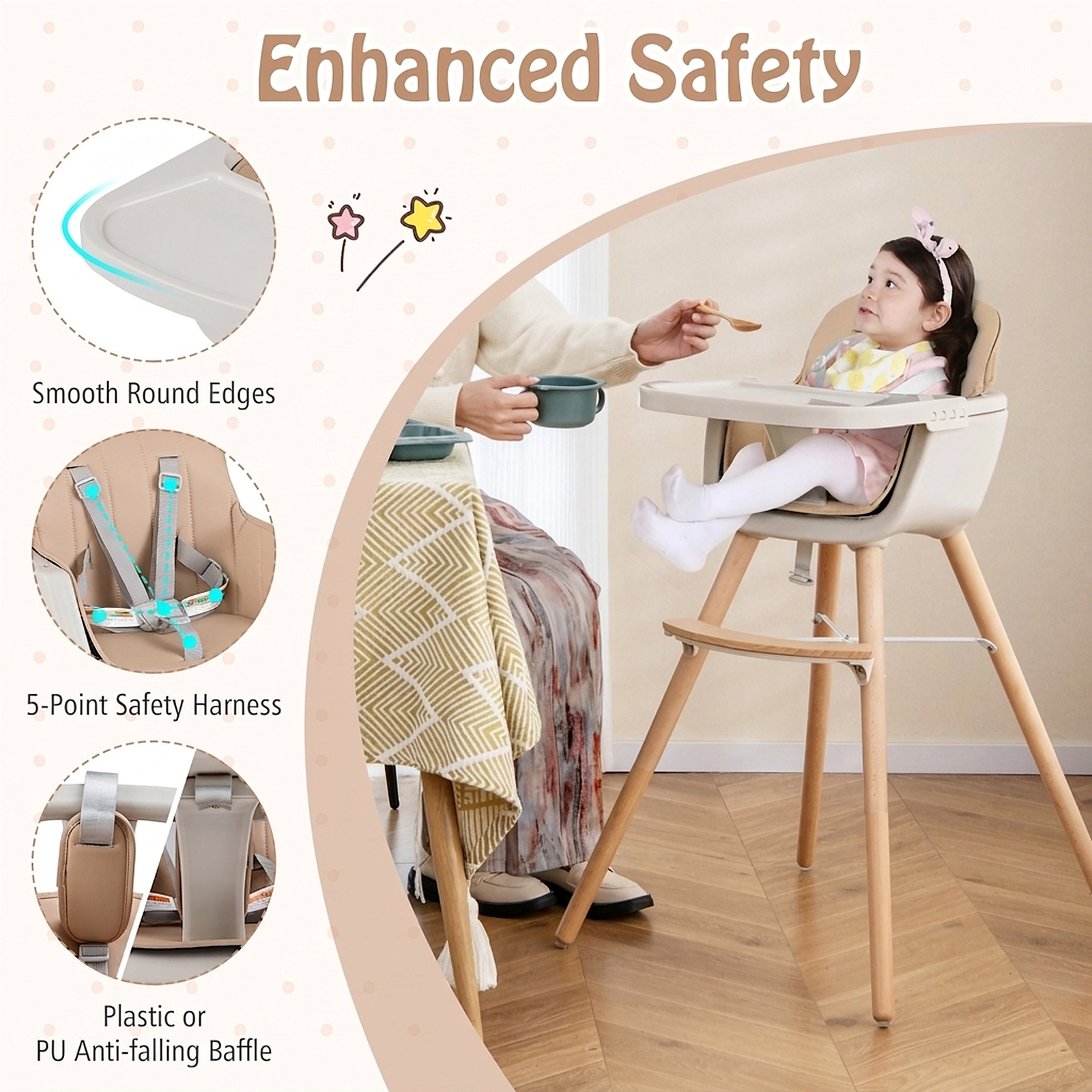 6-in-1 Convertible Wooden Highchair for Toddlers Adjustable Legs 3-Position Tray PU Leather Cushion Light Brown