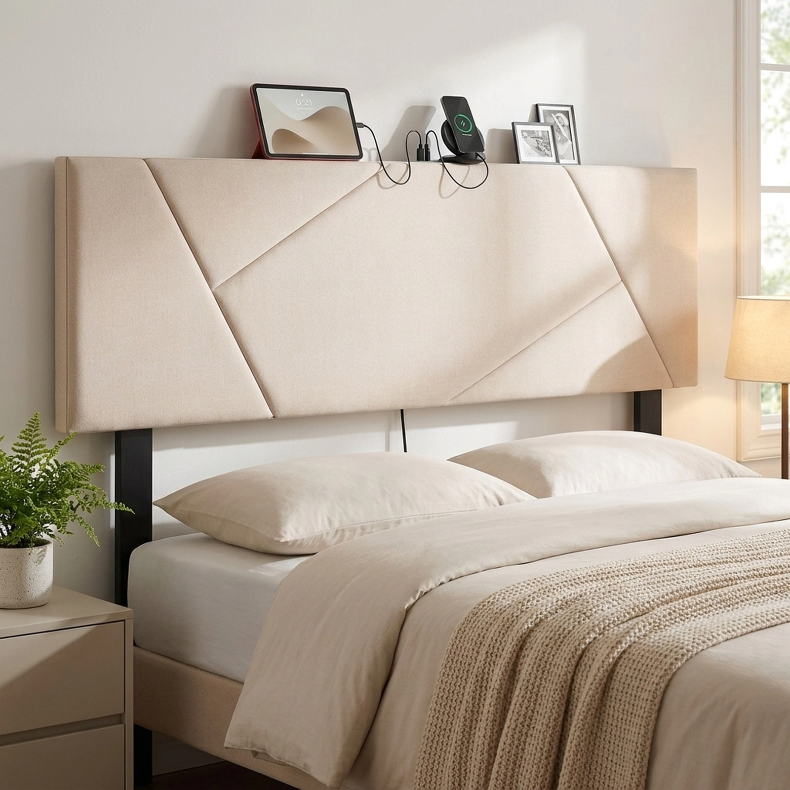 SUGIFT Geometric Beige Upholstered Headboard, Full-Queen, Charging Station