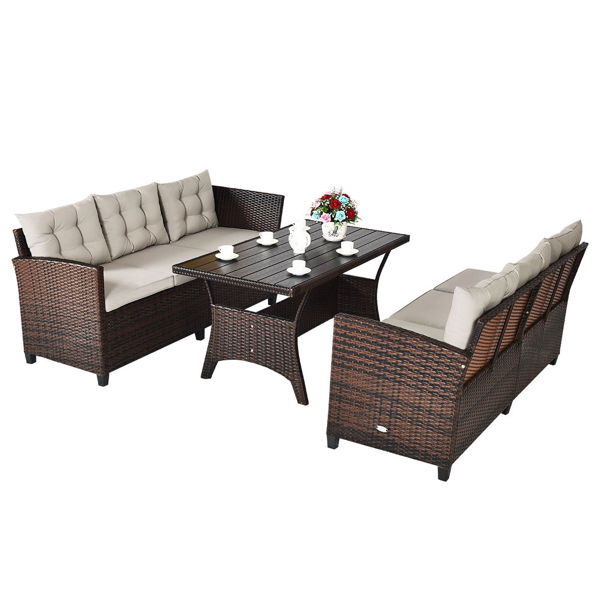 LJG 3 Pieces Hand-Woven Rattan Outdoor Sofa Set with Dining Table