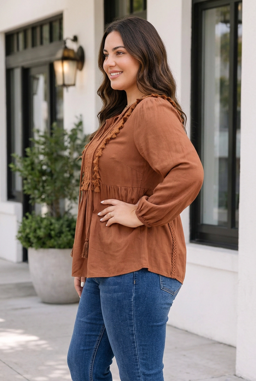 Threaded Pear Farrah Long Sleeve Blouse PLUS Top