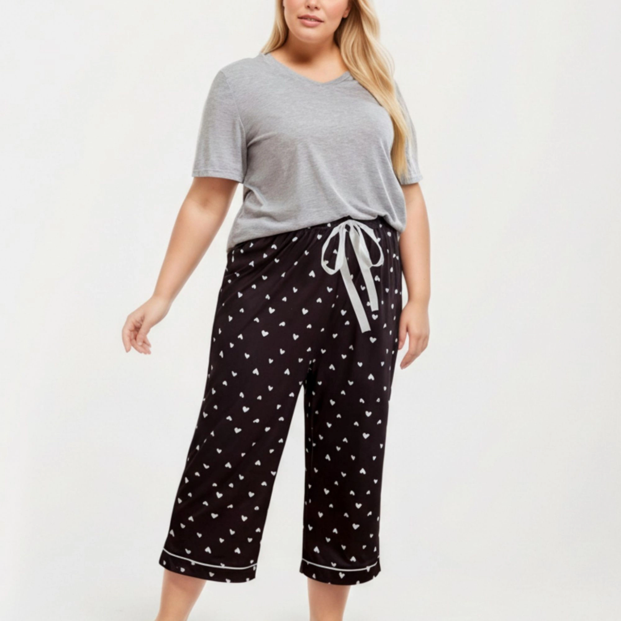 Anna-Kaci Women's 2-Piece Soft Knit Valentine Short Sleeve Top and Heart Print Capri Pajama Pants with Stretch Waist Tie