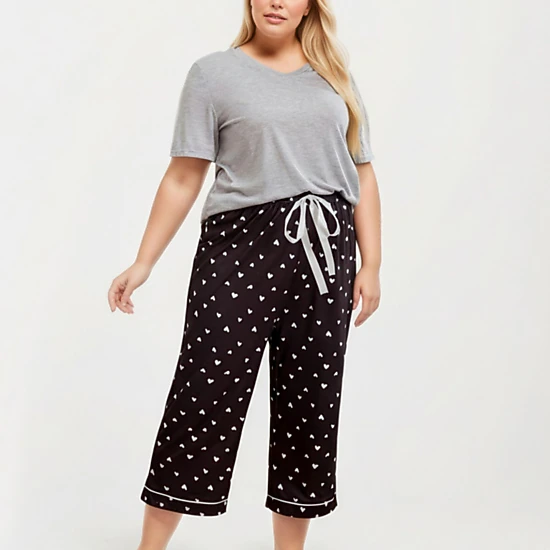 Anna-Kaci Women's 2-Piece Soft Knit Valentine Short Sleeve Top and Heart Print Capri Pajama Pants with Stretch Waist Tie