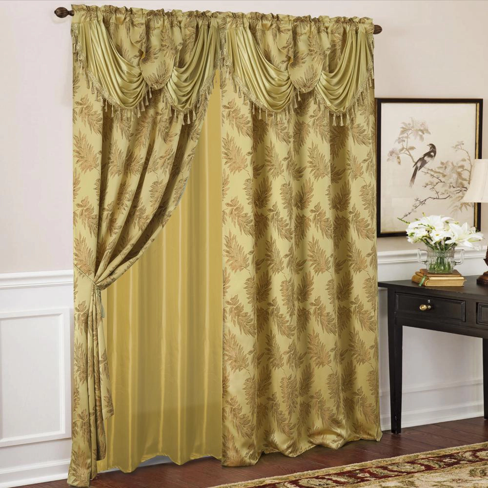 Olivia Gray Palm Floral Textured Jacquard 54 x 84 in. Single Rod Pocket Curtain Panel w/ Attached 18 in. Valance in Gold