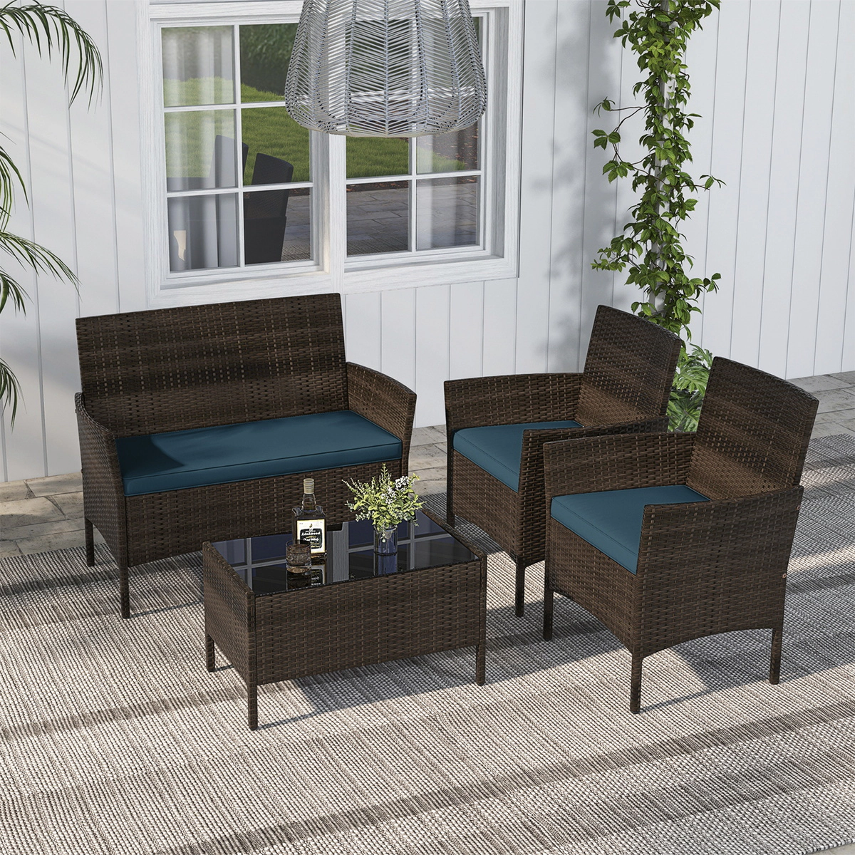 SUGIFT 4 Piece PE Rattan Patio Conversation Set with Cushions 800-lb Loveseat 400-lb Chairs 110-lb Table Peacock Blue