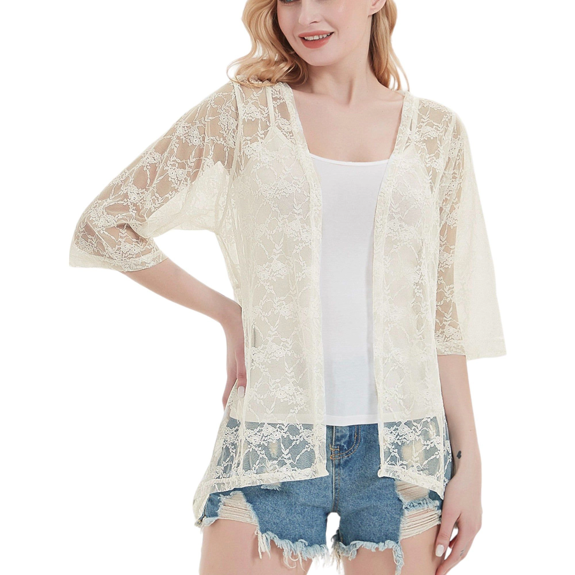 Anna-Kaci Women's Sheer Lace Boho Cropped Drop Shoulder Shrug Cardigan for Everyday Looks