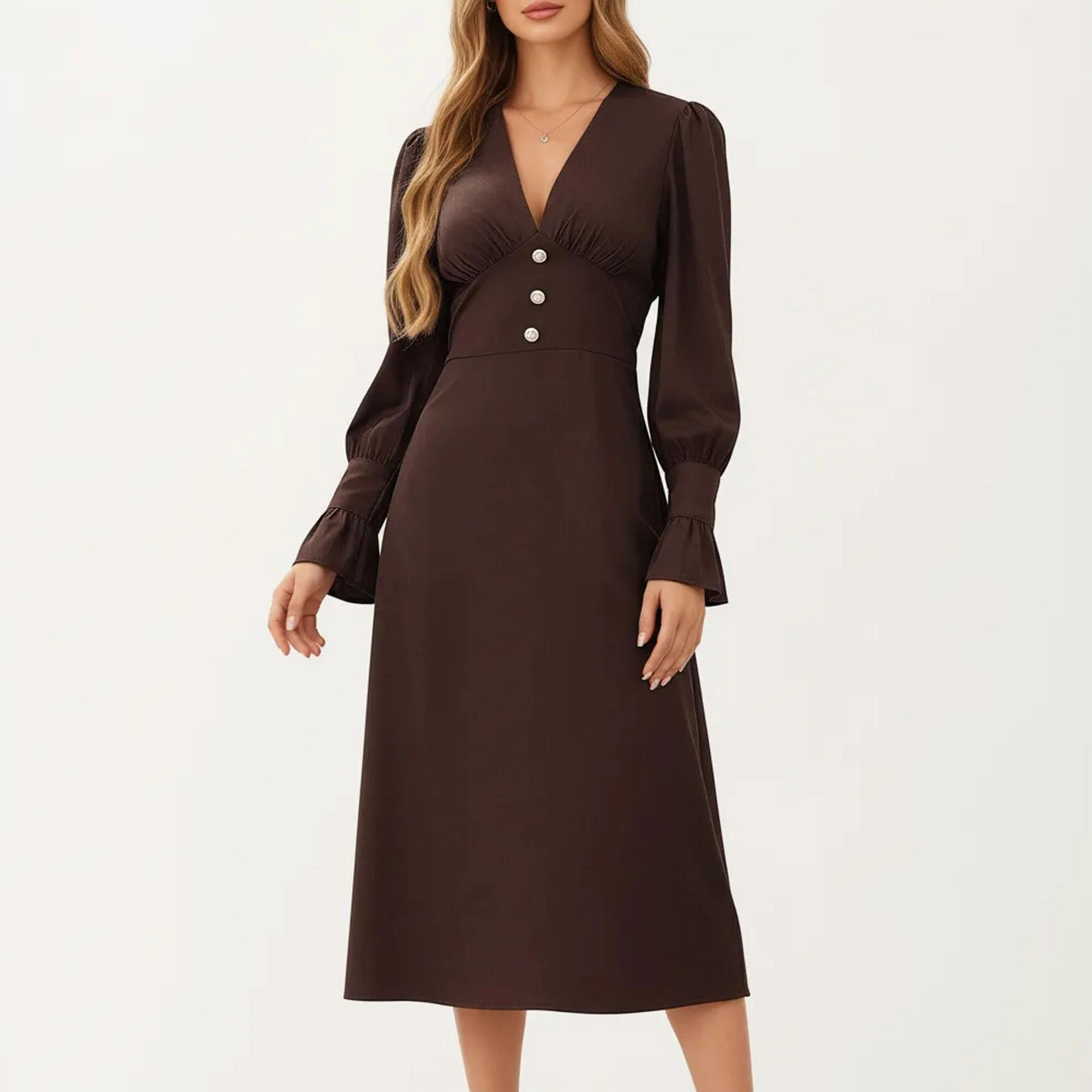 Anna-Kaci Women's Long Sleeve V Neck Button Accent Flared Cuff Midi Dress