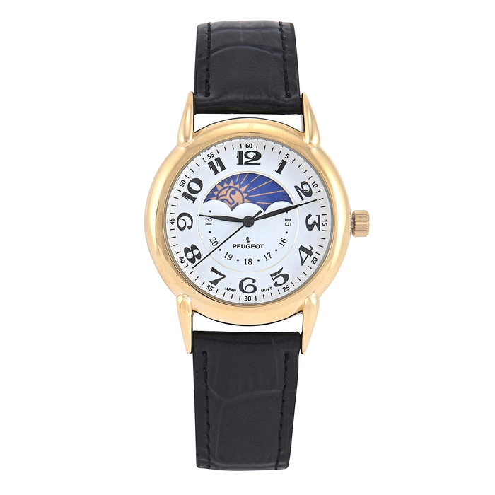 Peugeot Men's 40mm Vintage White Dial Sun Moon Black Leather Strap Watch