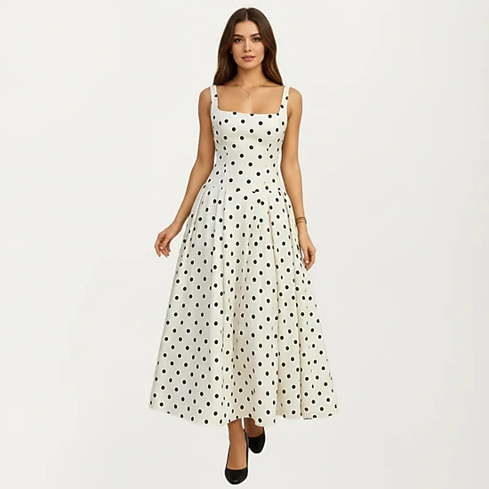 Anna-Kaci Polka Dot Square Neck Pleated A-Line Midi Dress
