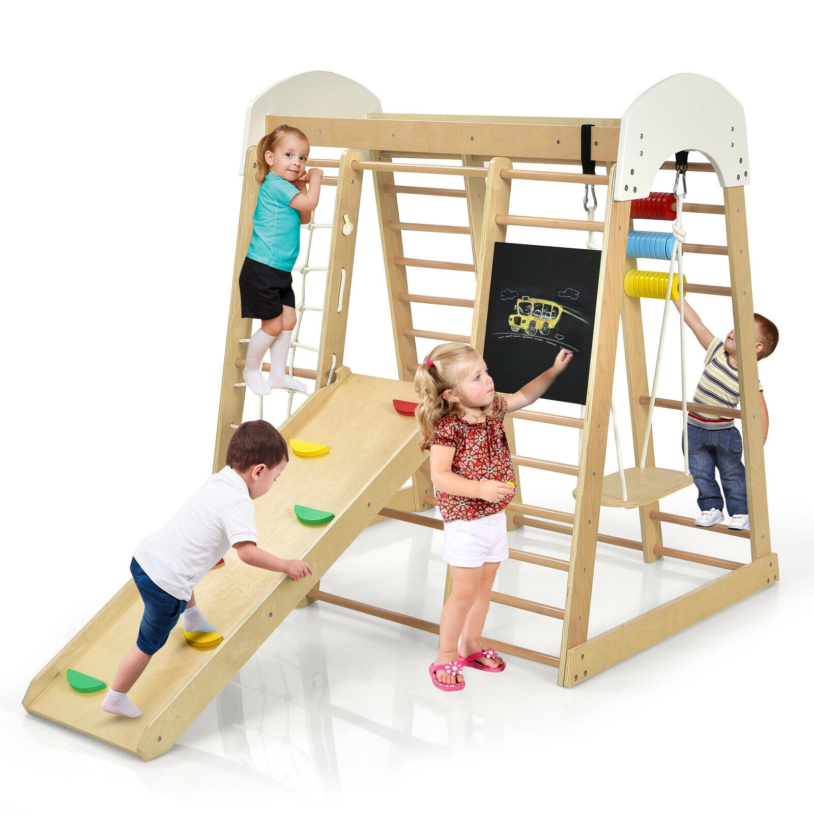 SUGIFT Natural 49 Inch for Children 8-in-1 Wooden Indoor Playground Climbing Gym Playset