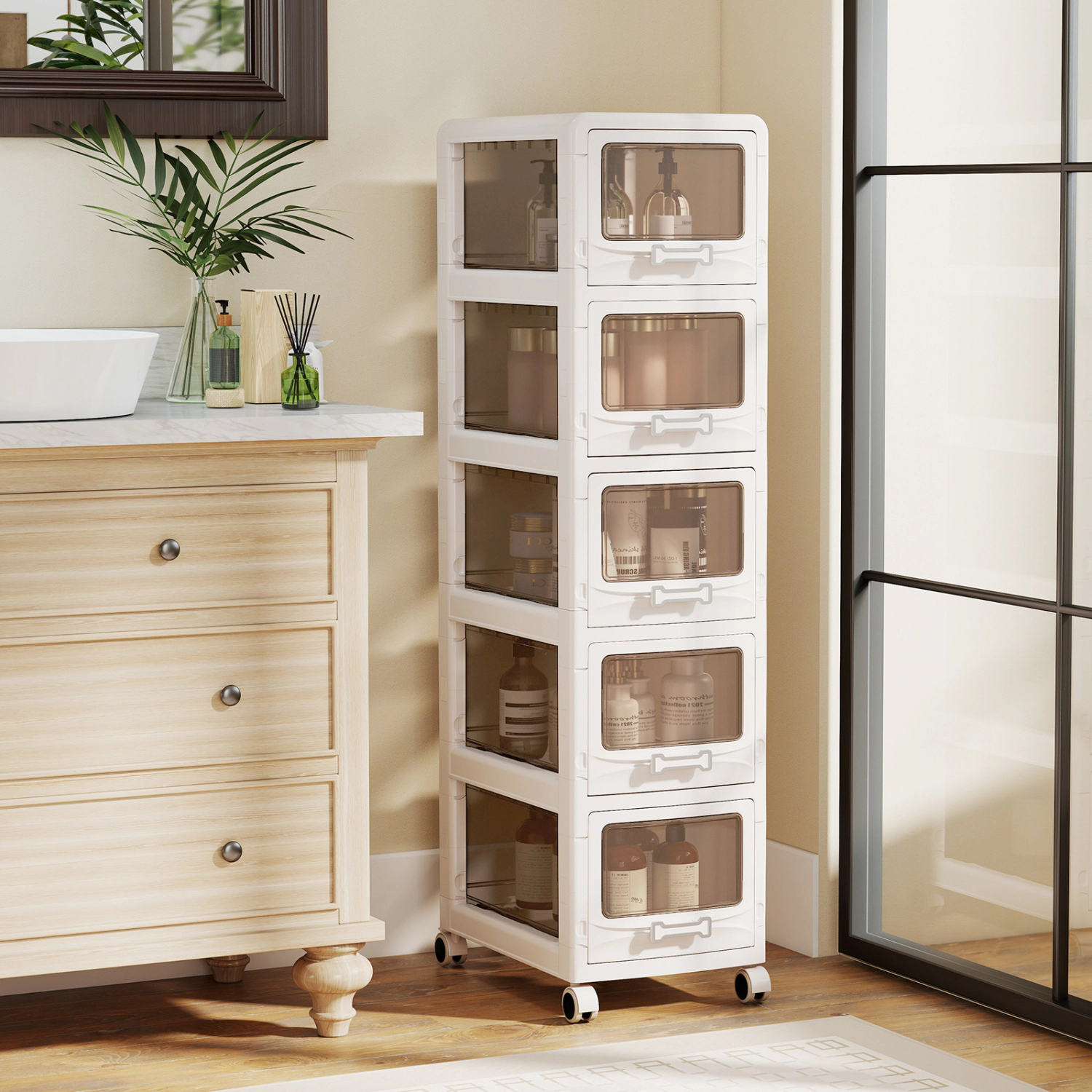LJG 5-Tier Plastic Drawer Storage Organizer Rolling Cart with 3/4/5 Drawers and Lockable Wheels