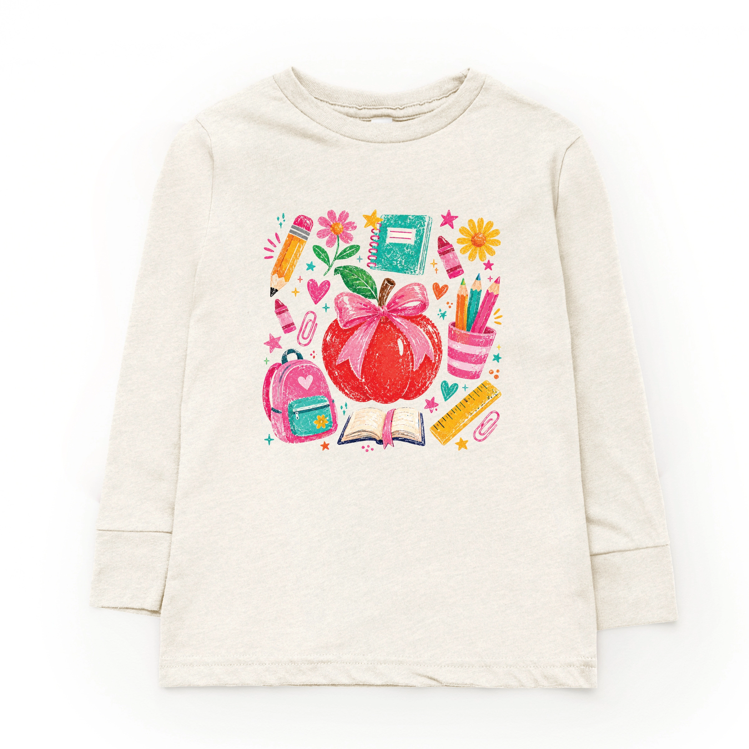 The Juniper Shop - Youth Long Sleeve Graphic T-Shirt Back to School Apple and Supplies