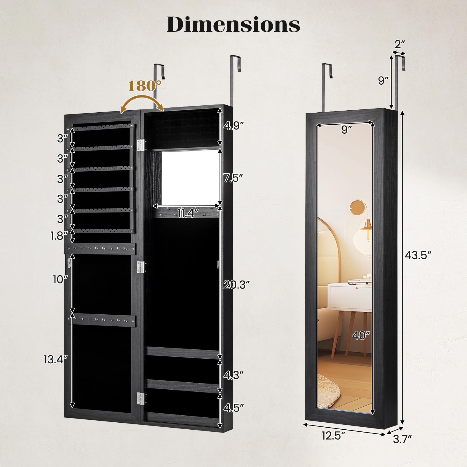 SUGIFT Black Wall Mounted Jewelry Cabinet with Full-Length Mirror Over the Door Organizer and Ring Slots