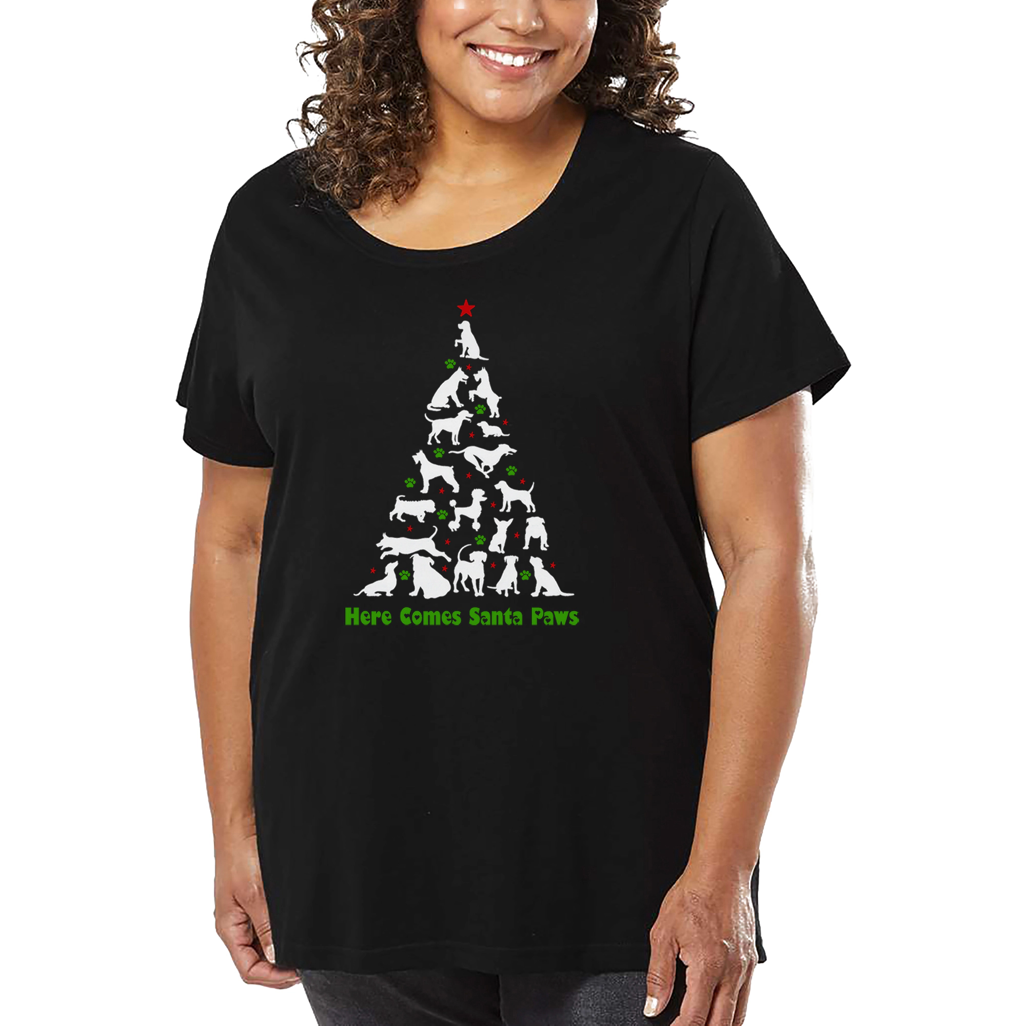 LA Pop Art Women's Plus Word T-Shirt - Here Comes Santa Paws