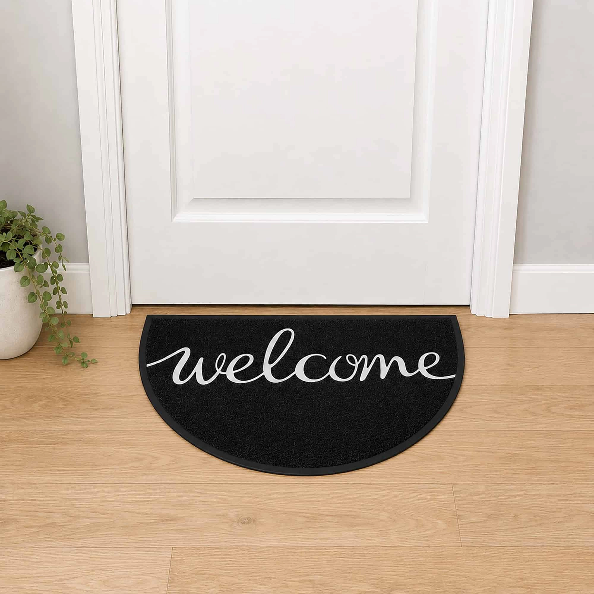 Evideco French Home Goods Black Welcome Script PVC Doormat 30 x 18 Inches