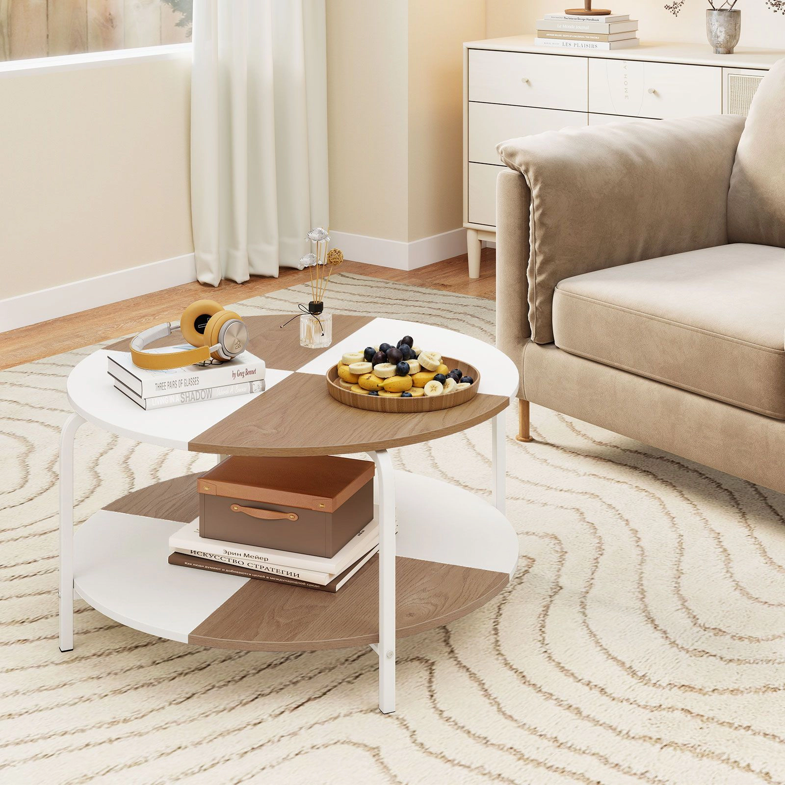 SlickBlue Round Center Table with 2 Tier Storage and Metal Frame
