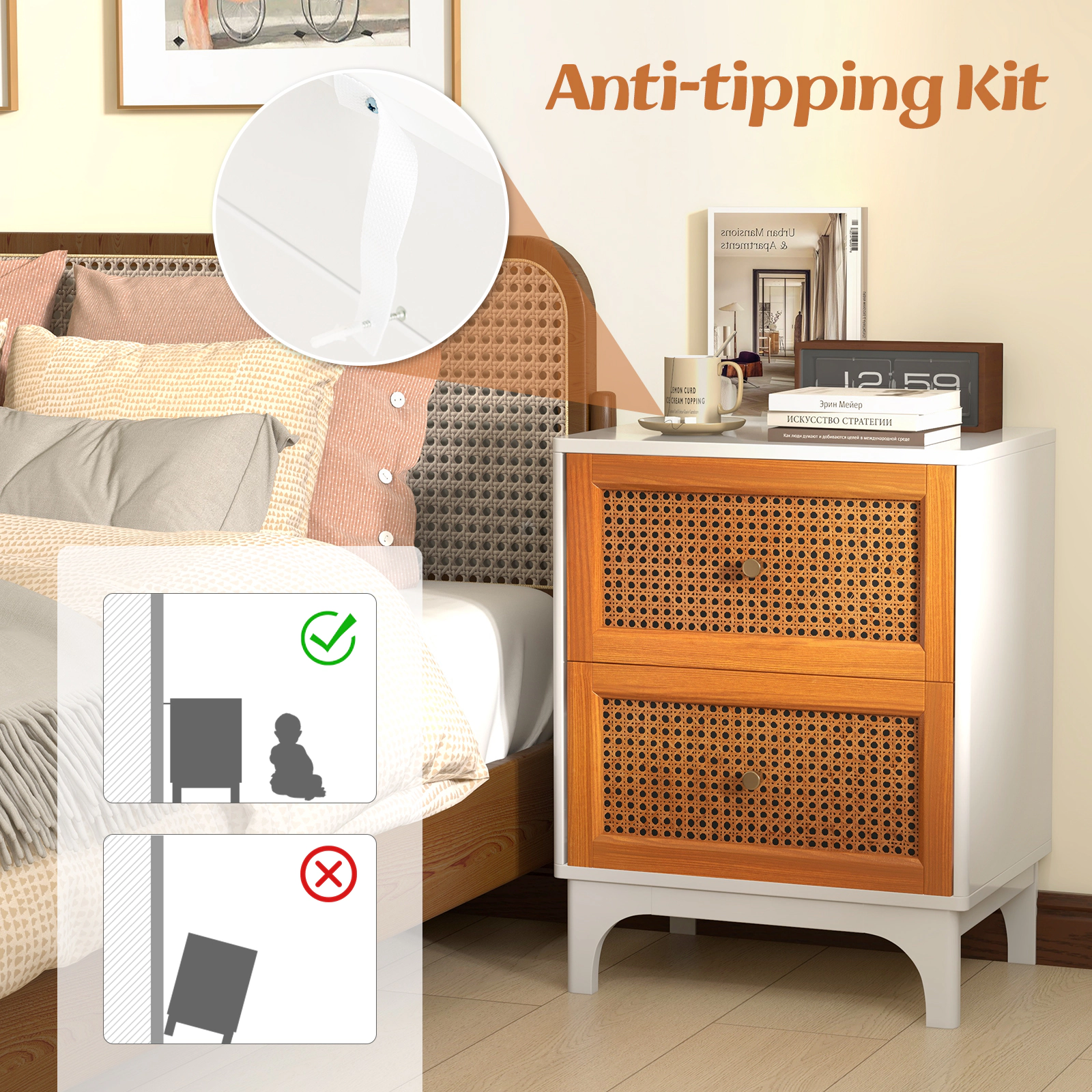 SUGIFT Boho Accent Table Nightstand with Rattan Drawers 23.5-in Tall White + Brown