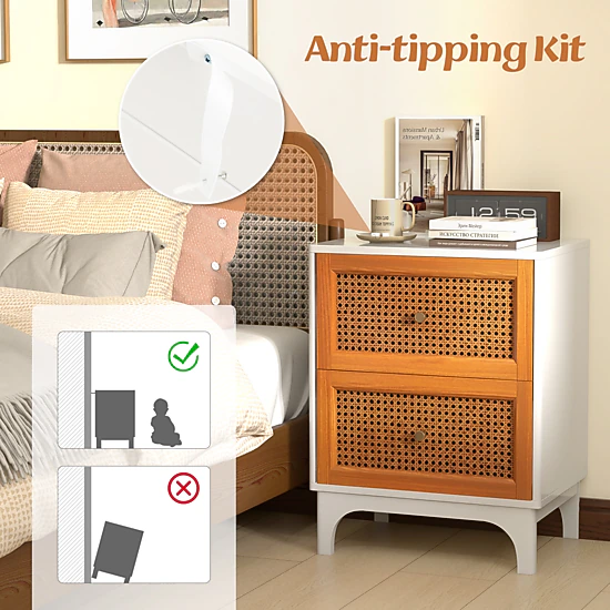 SUGIFT Boho Accent Table Nightstand with Rattan Drawers 23.5-in Tall White + Brown