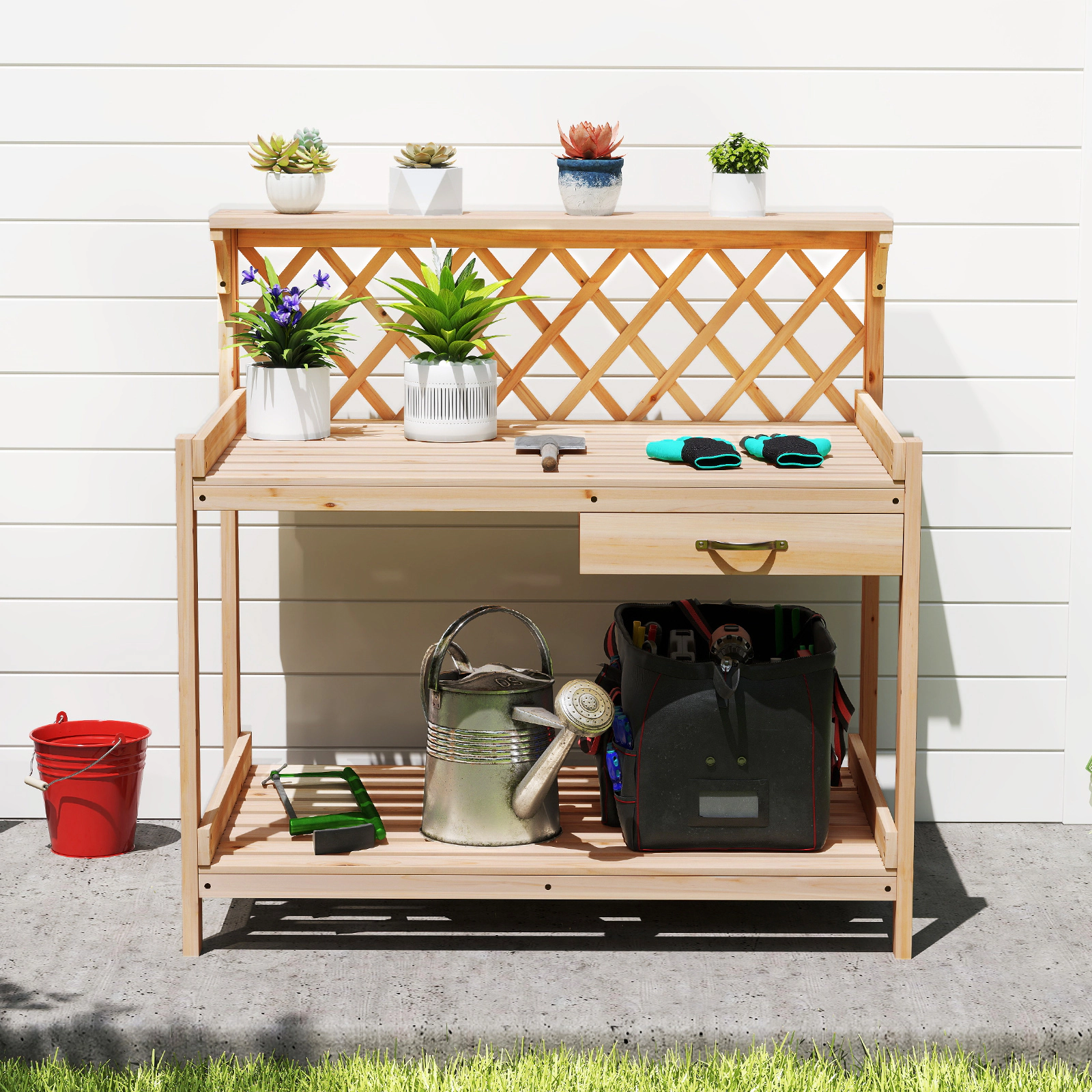 LJG Garden Potting Bench Table Wooden Planting Workstation with Lattice Trellis