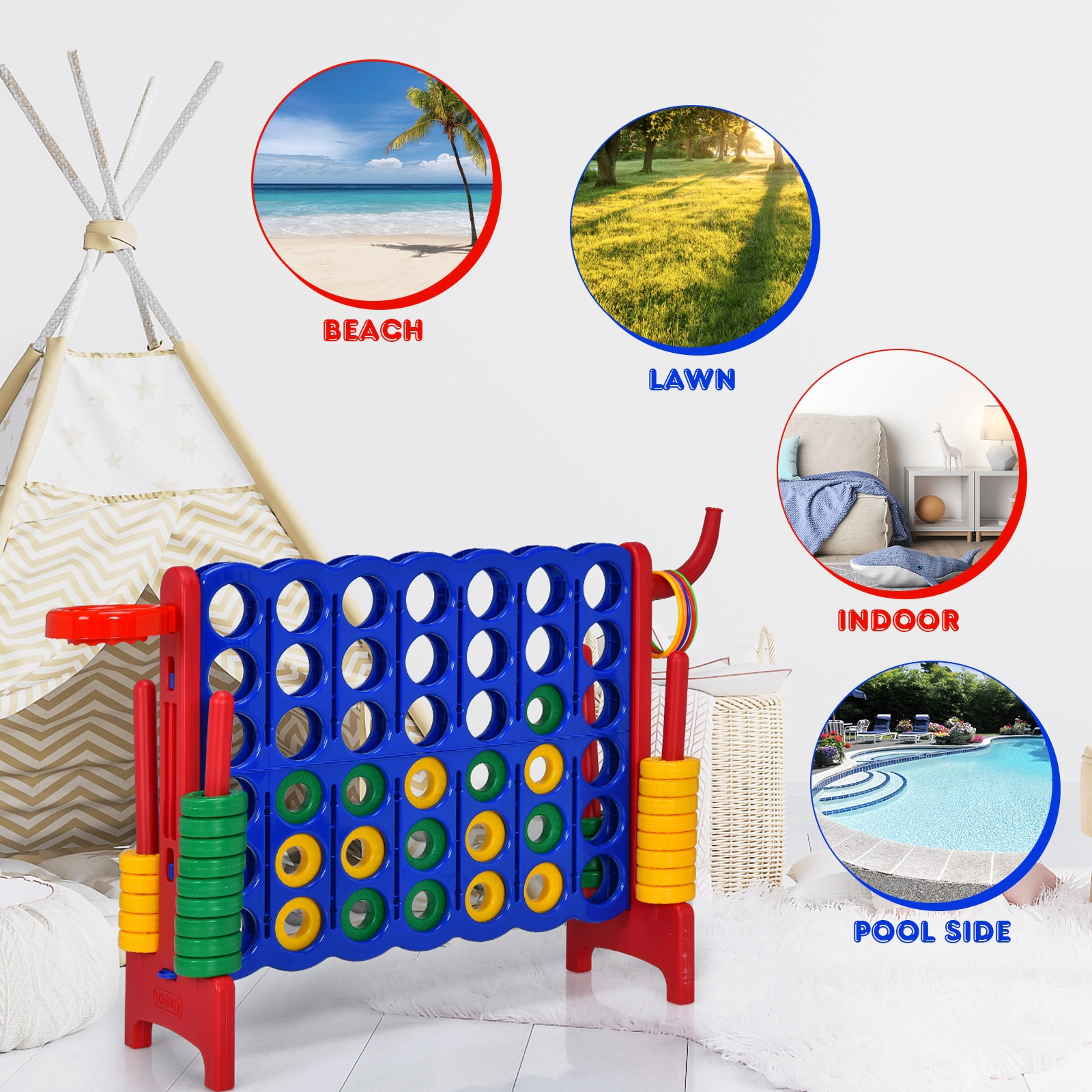 SUGIFT Red 3-in-1 2.5-ft Tall 4-to-Score Giant Game Set with Basketball Hoop and Ring Toss 33-in W 13-in D 30-in H