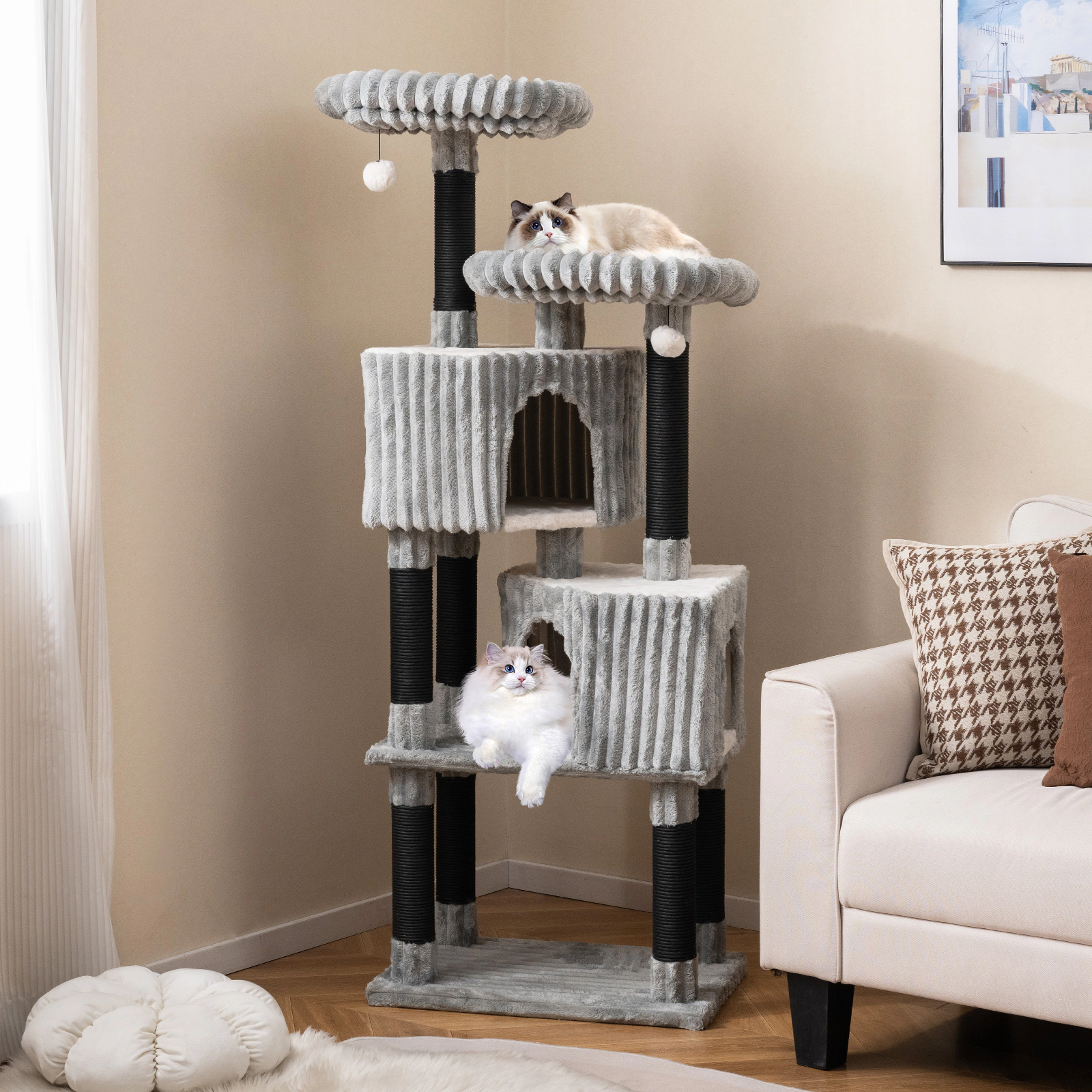 SUGIFT 62-in Light Gray Cat Tree Tower with Ribbed Flannel Covering and Faux Rabbit Fur Perches 23.5-in W