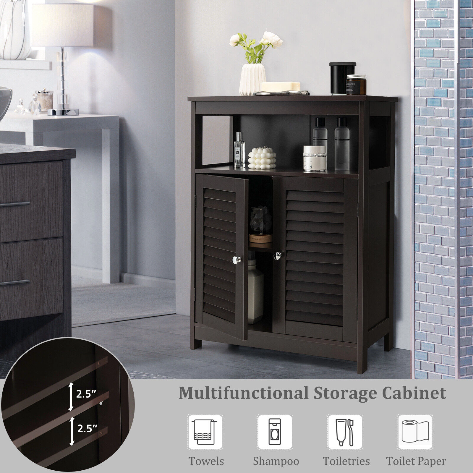 SUGIFT Double Shutter Door Open Shelf Freestanding Bathroom Floor Cabinet 23.5-in x 12-in x 31.5-in 77-lb Top Brown