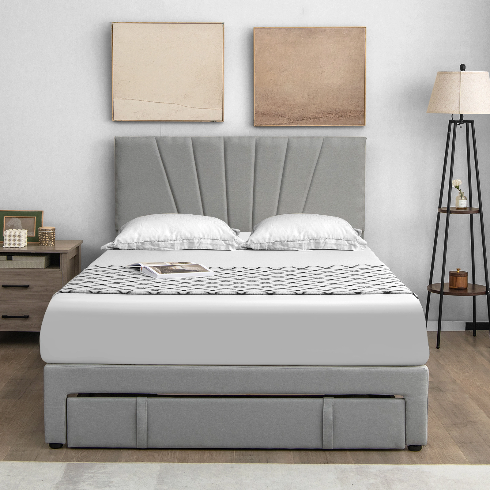 SUGIFT Queen Upholstered Platform Bed with Storage Drawer, Gray Linen Headboard
