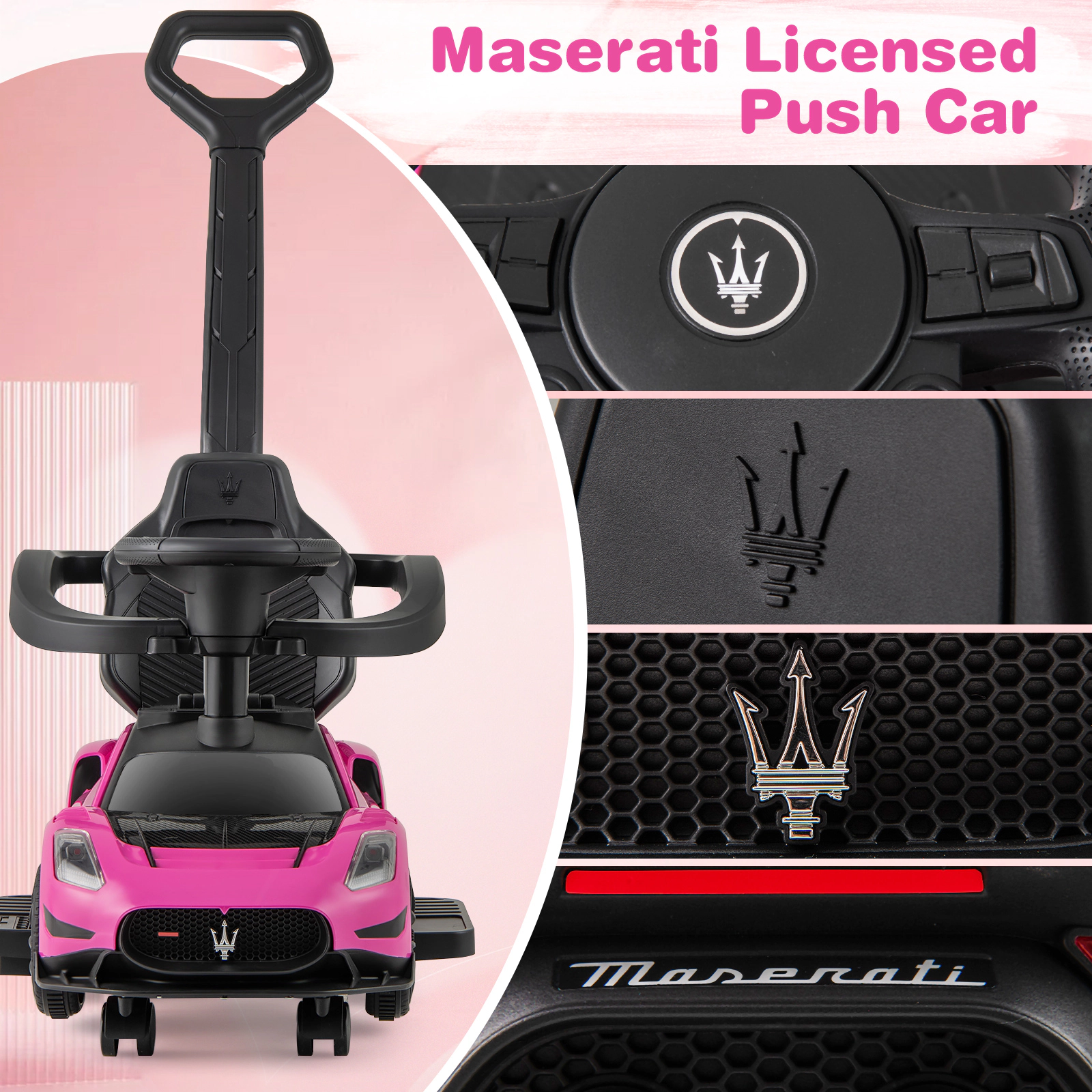 SUGIFT 3-in-1 Maserati Licensed Ride-On Push Sliding Car with Music 55-lb Capacity Ages 18-60 Months Pink/White