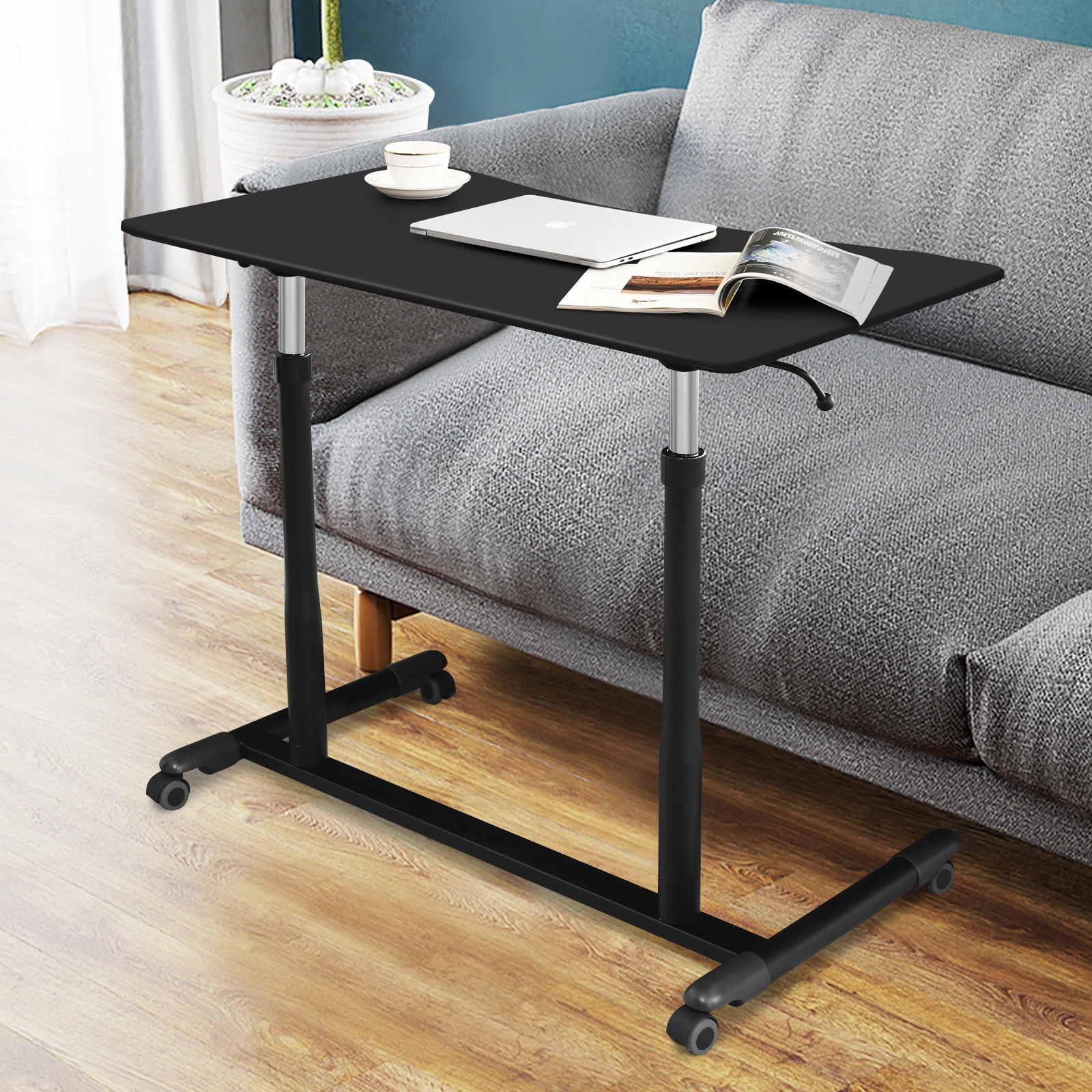 SUGIFT Height Adjustable Rolling Computer Desk 66-lb Capacity 37.5-in Work Surface Black White Brown Natural