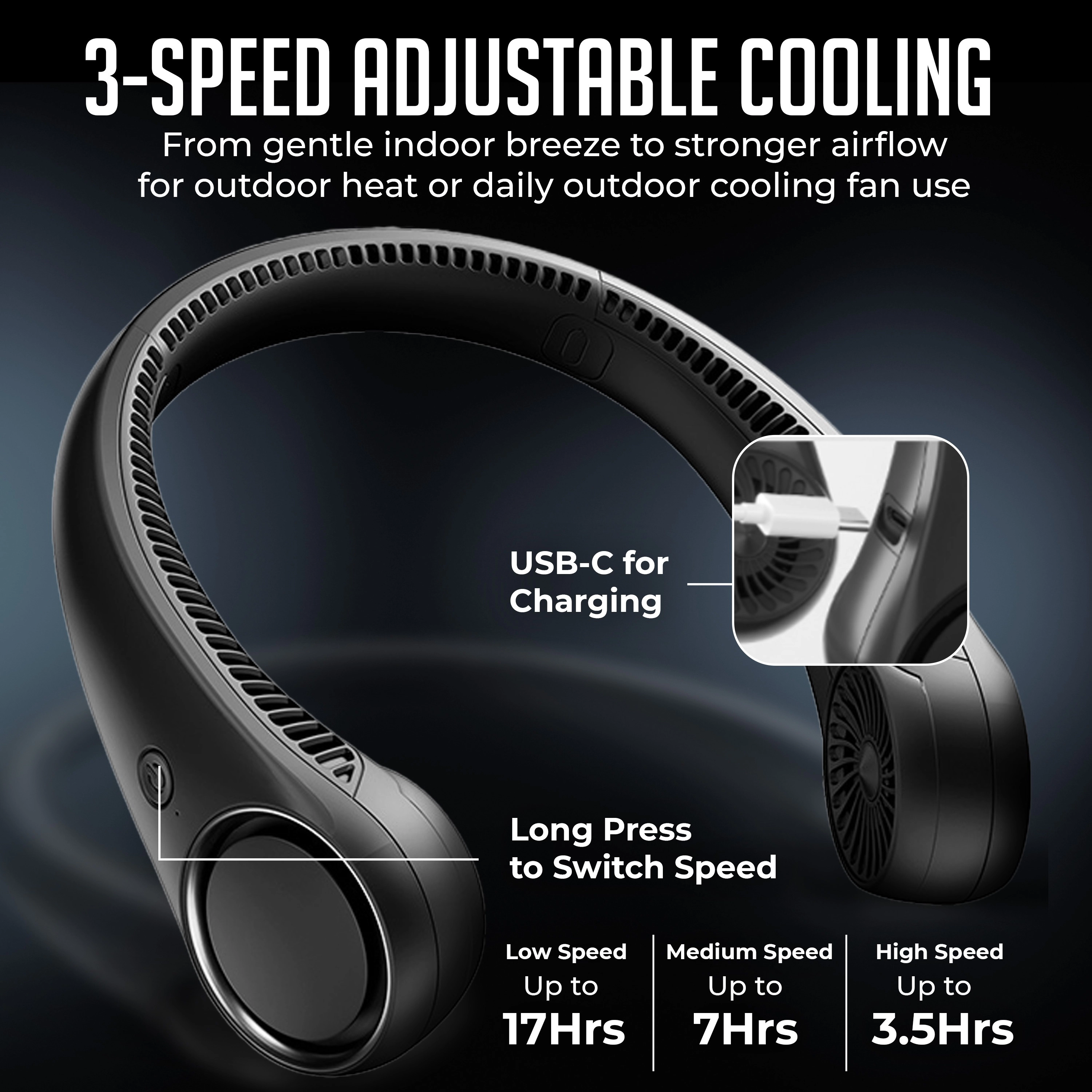 Luminuxe Portable Neck Fan, Rechargeable Hands-Free Wearable Fan w/ 3-Speed Adjustable Cooling, Lightweight Outdoor Fan