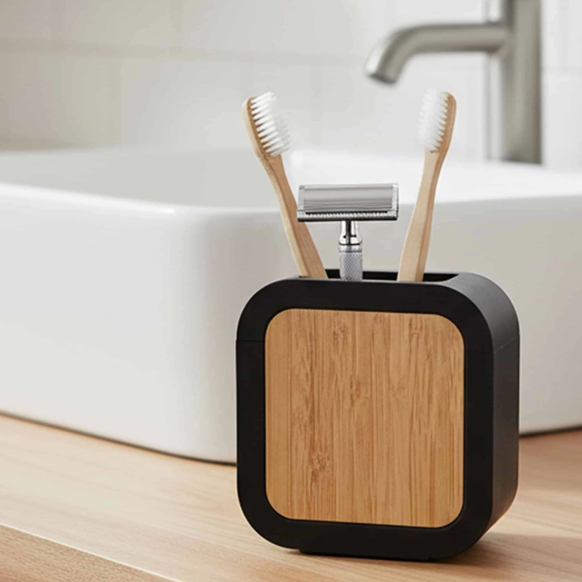 Evideco French Home Goods Urban Compact Toothbrush Holder - Rubber Body with Natural Wood Accent