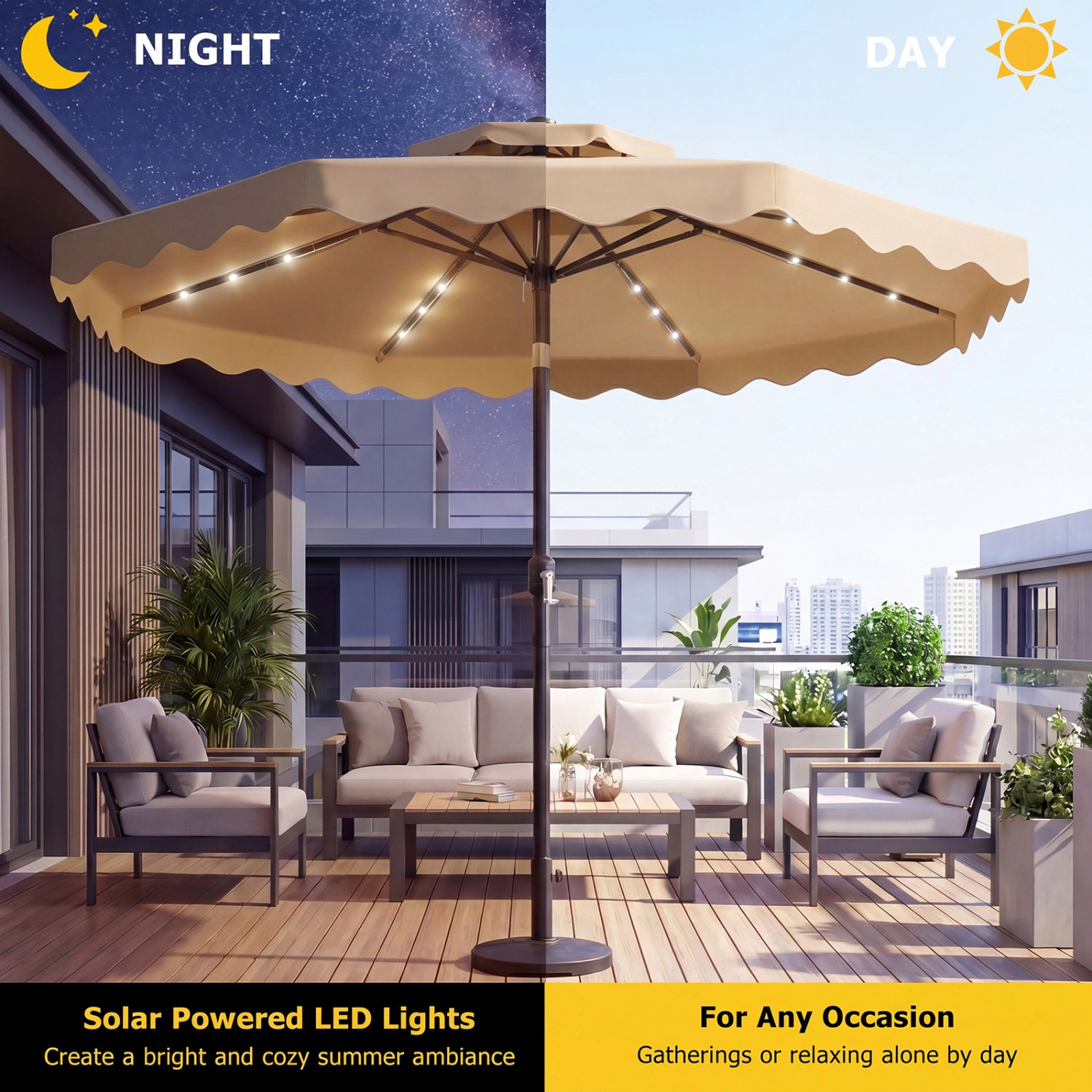 SUGIFT 10-ft Solar LED Patio Umbrella 24 Lights Crank Lift Push-Button Tilt 10 x 8.7-in Canopy 1.5-in Pole 18-lb Net