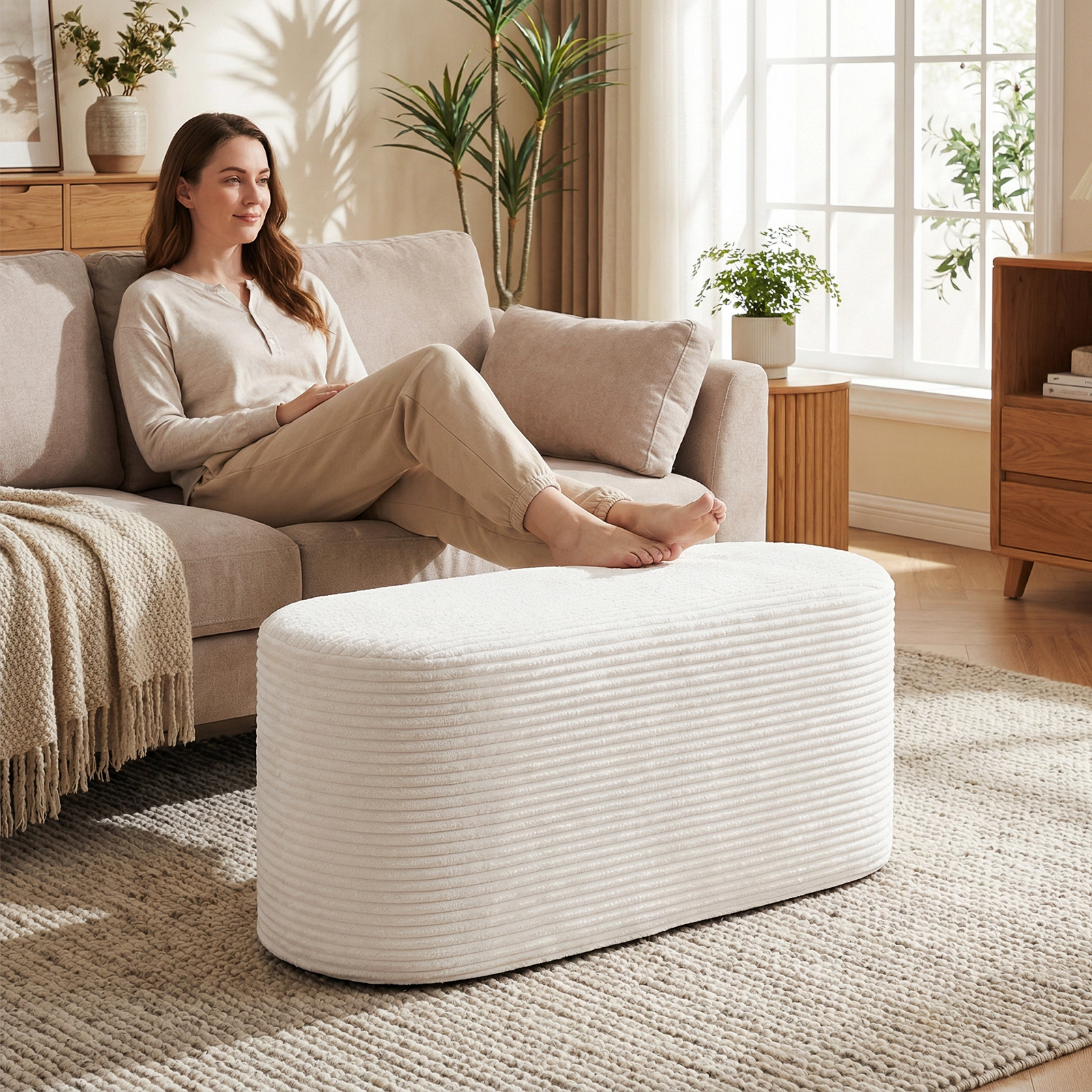 Glintex 47-Inch Oval Corduroy Ottoman Bench with Detachable Cover, Ivory