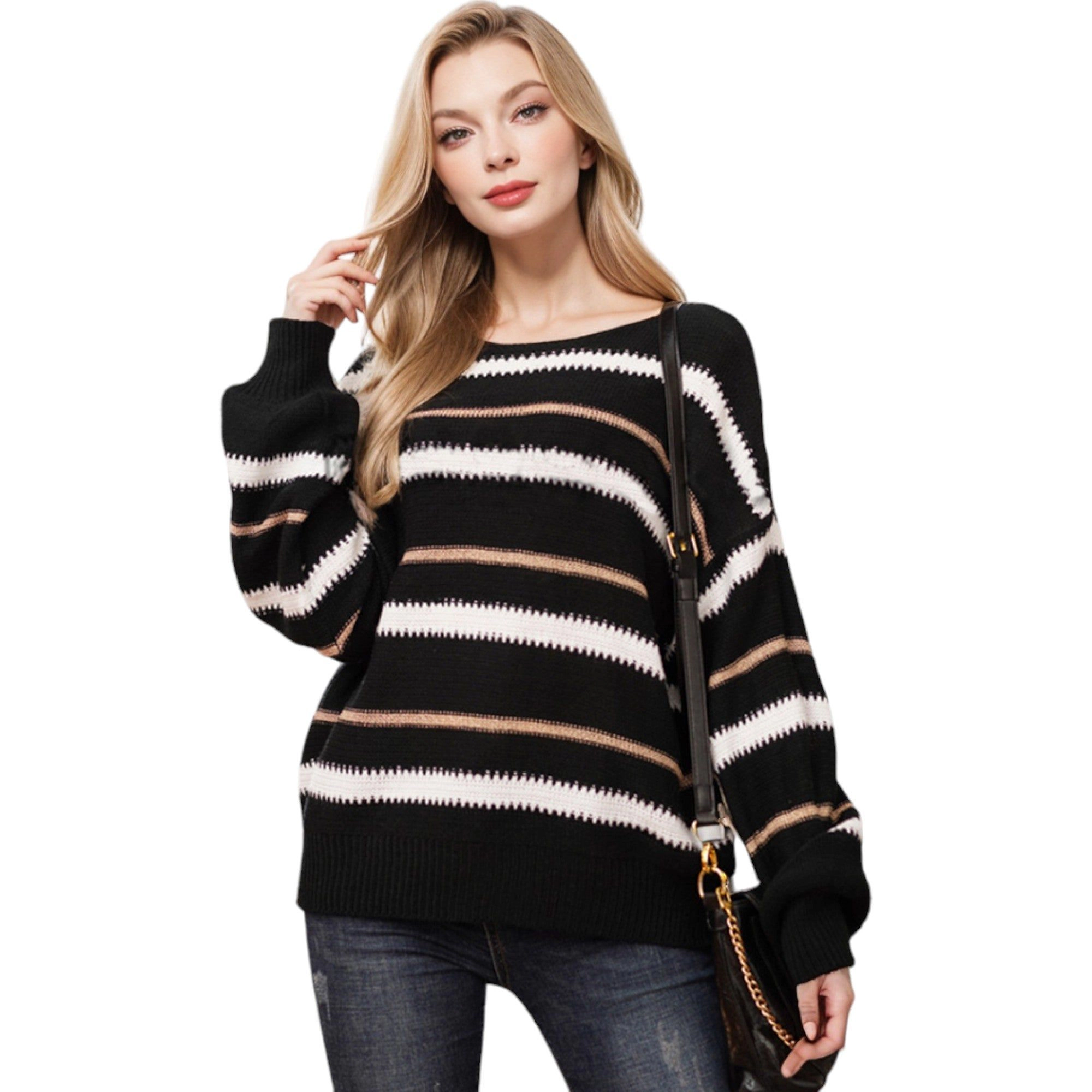 Anna-Kaci Women's Sweaters Long Sleeve Crew Striped Oversized Knitted Pullover Tops for Everyday Wear
