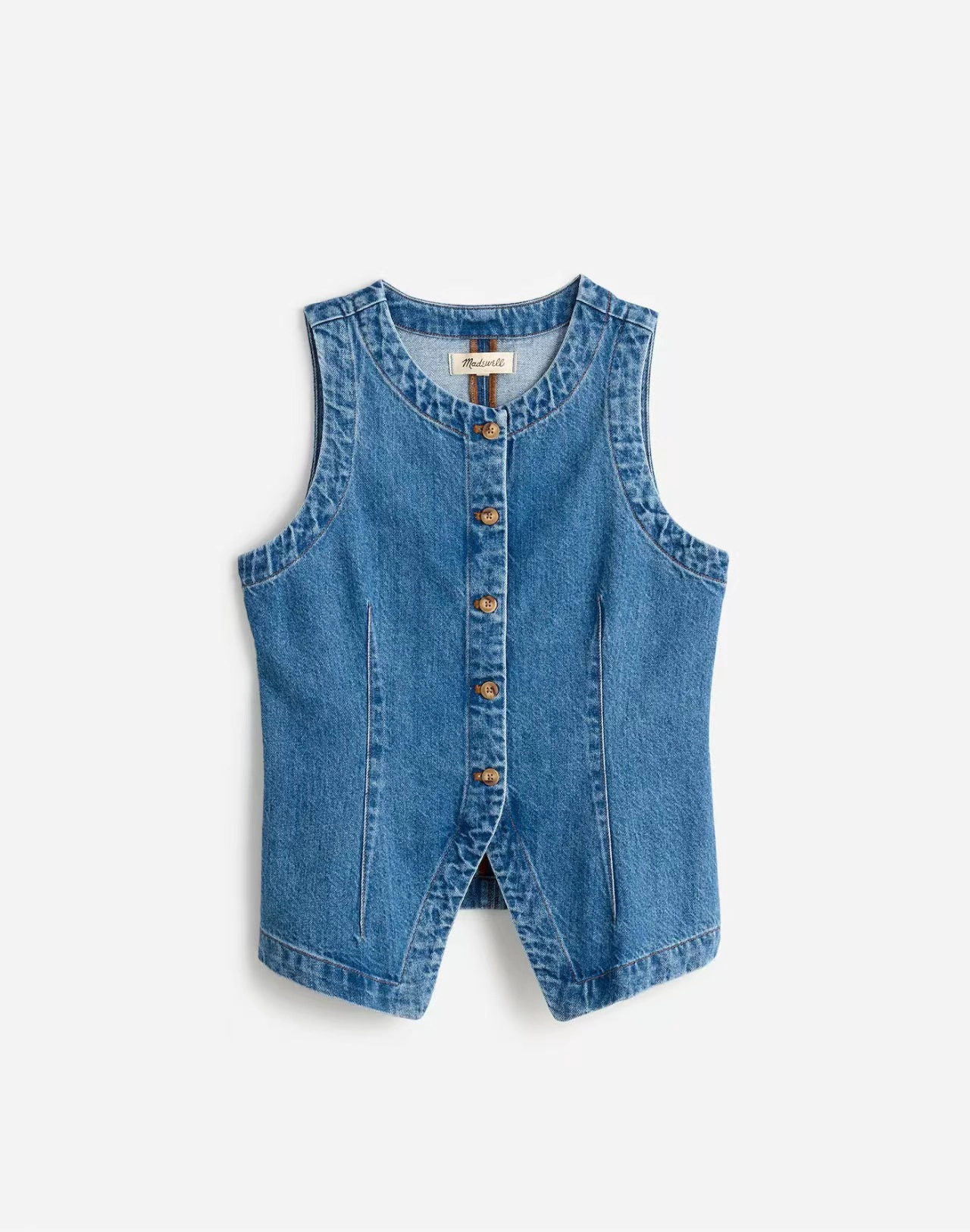 KOJOOIN Women's Button‑Down Denim Vest Round Neck Sleeveless Jean Waistcoat Split Hem Structured Top