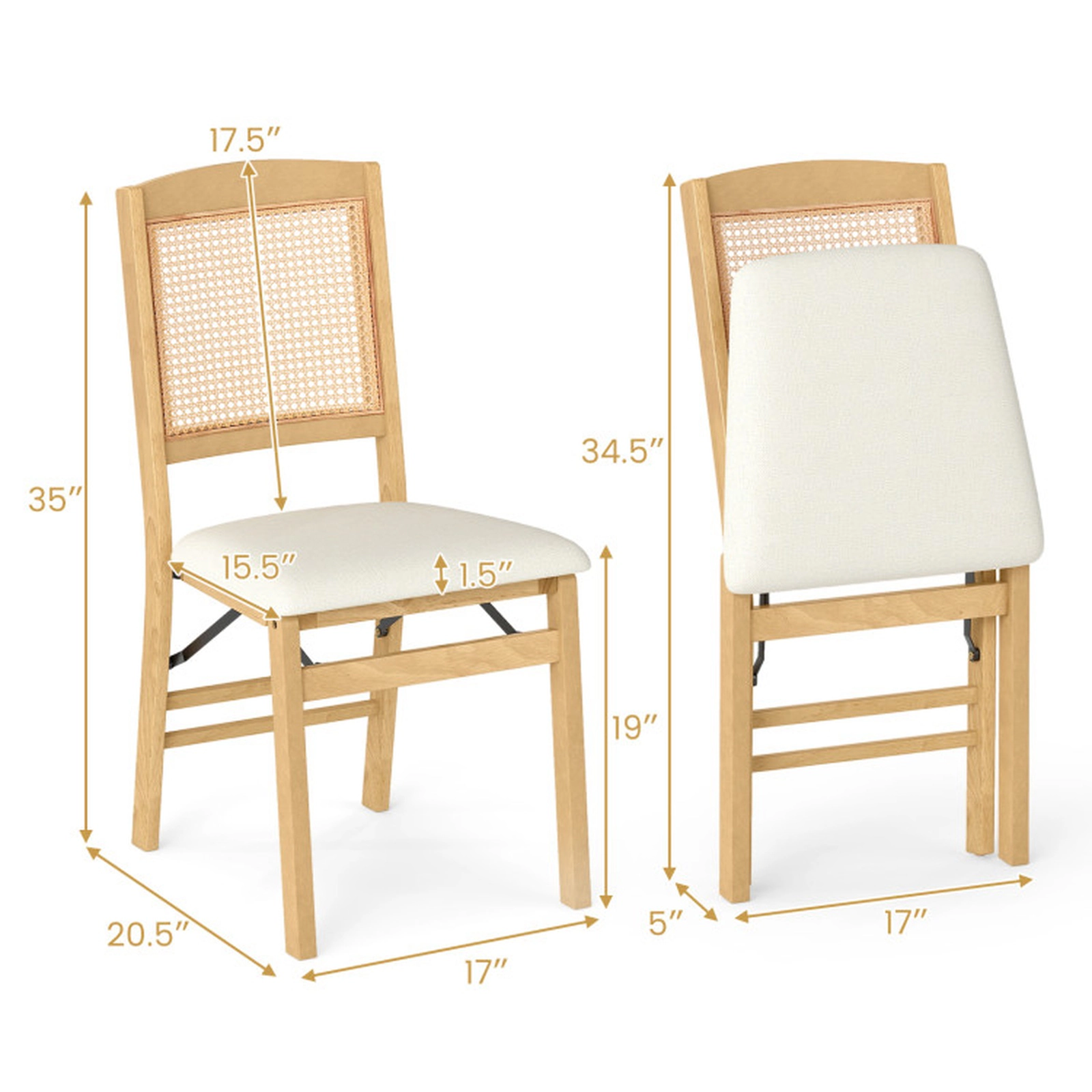SUGIFT Folding Rubber Wood Dining Chairs Set of 2 with Linen Padded Seat 400-lb Capacity 35-in Tall Natural Beige