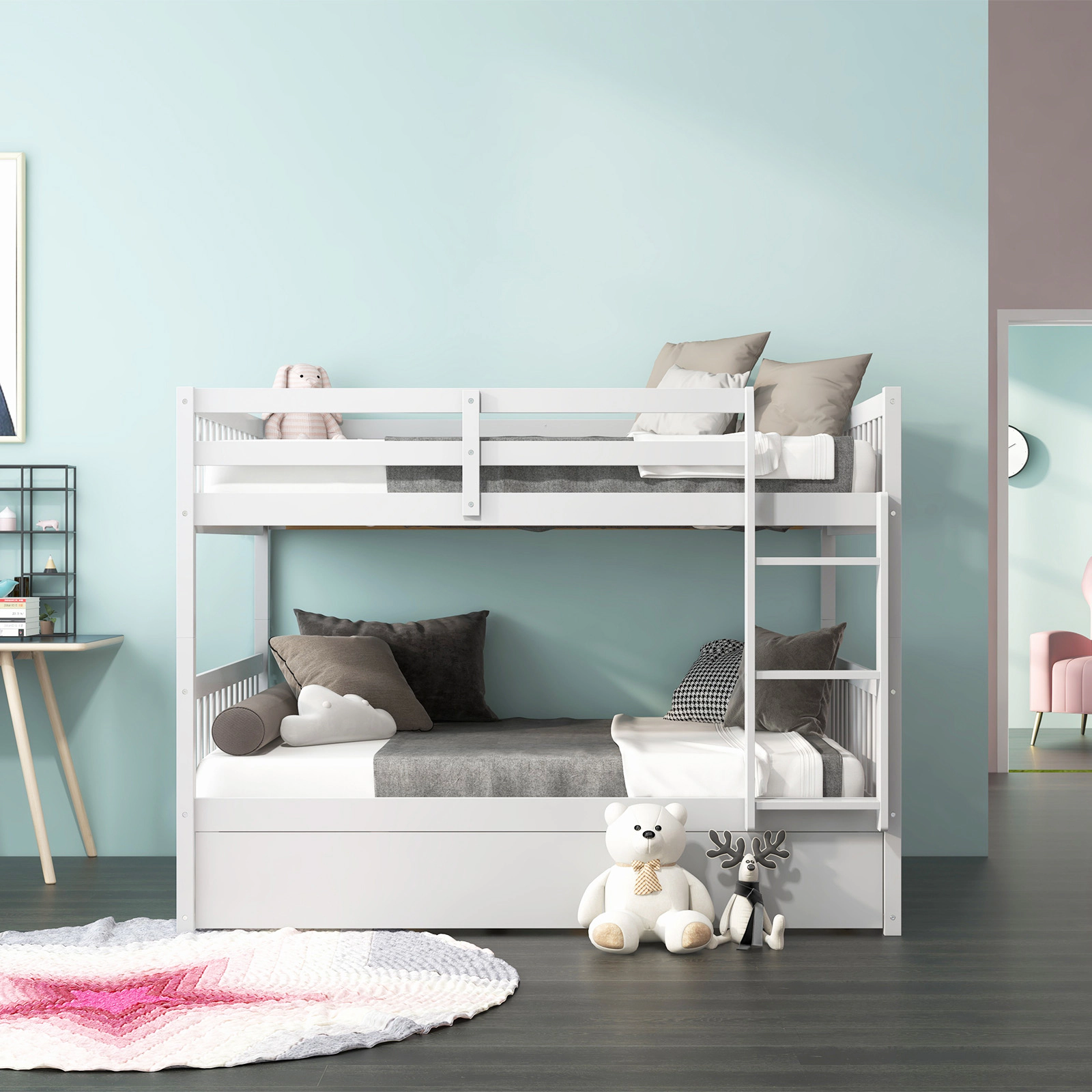 SUGIFT White Trundle Ladder and Full-Length Guard Panel Full Over Full Kids Bunk Bed