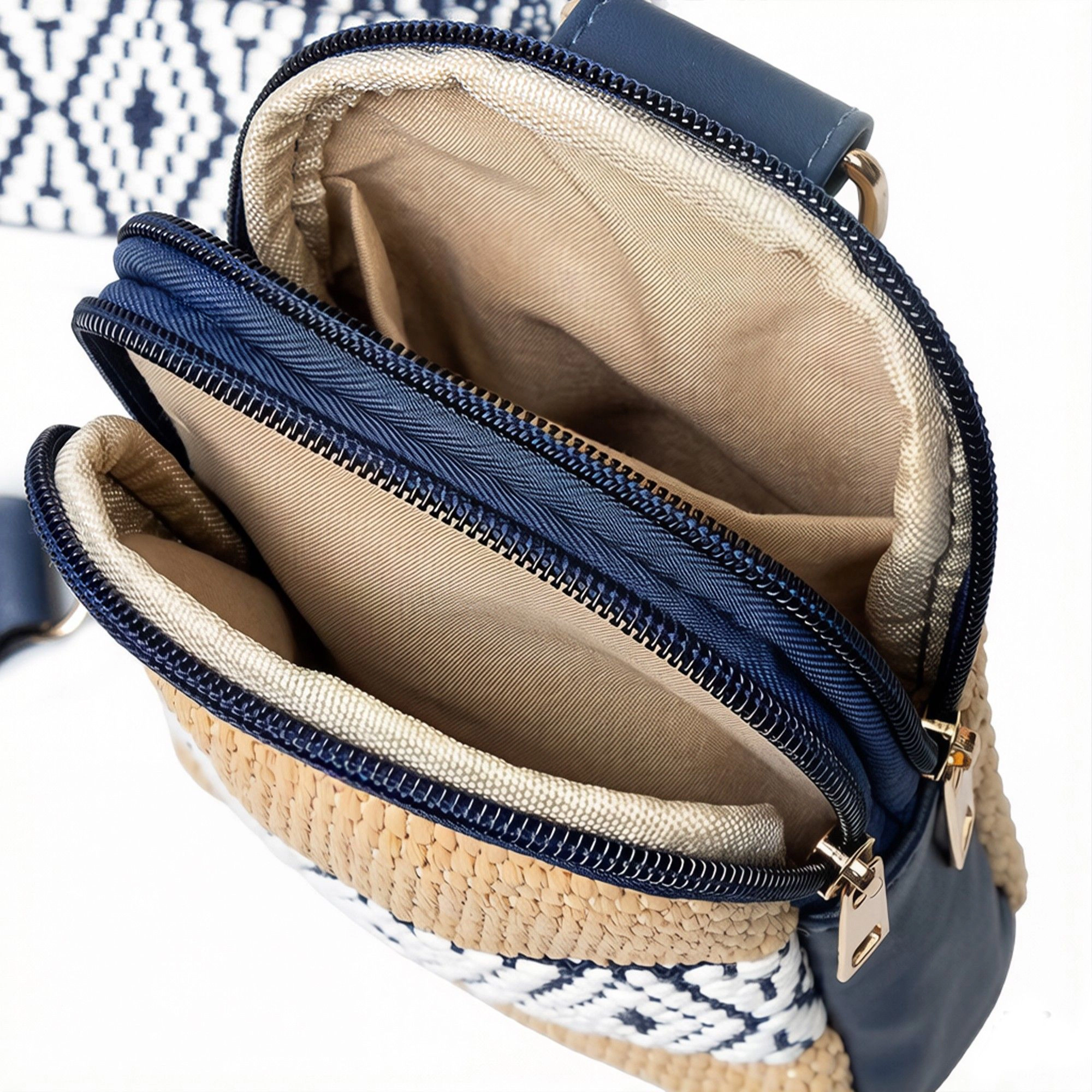 Alilang Women's Woven Straw Crossbody Bag with Pattern Strap Small Mini Shoulder Handbag Zipper Closure