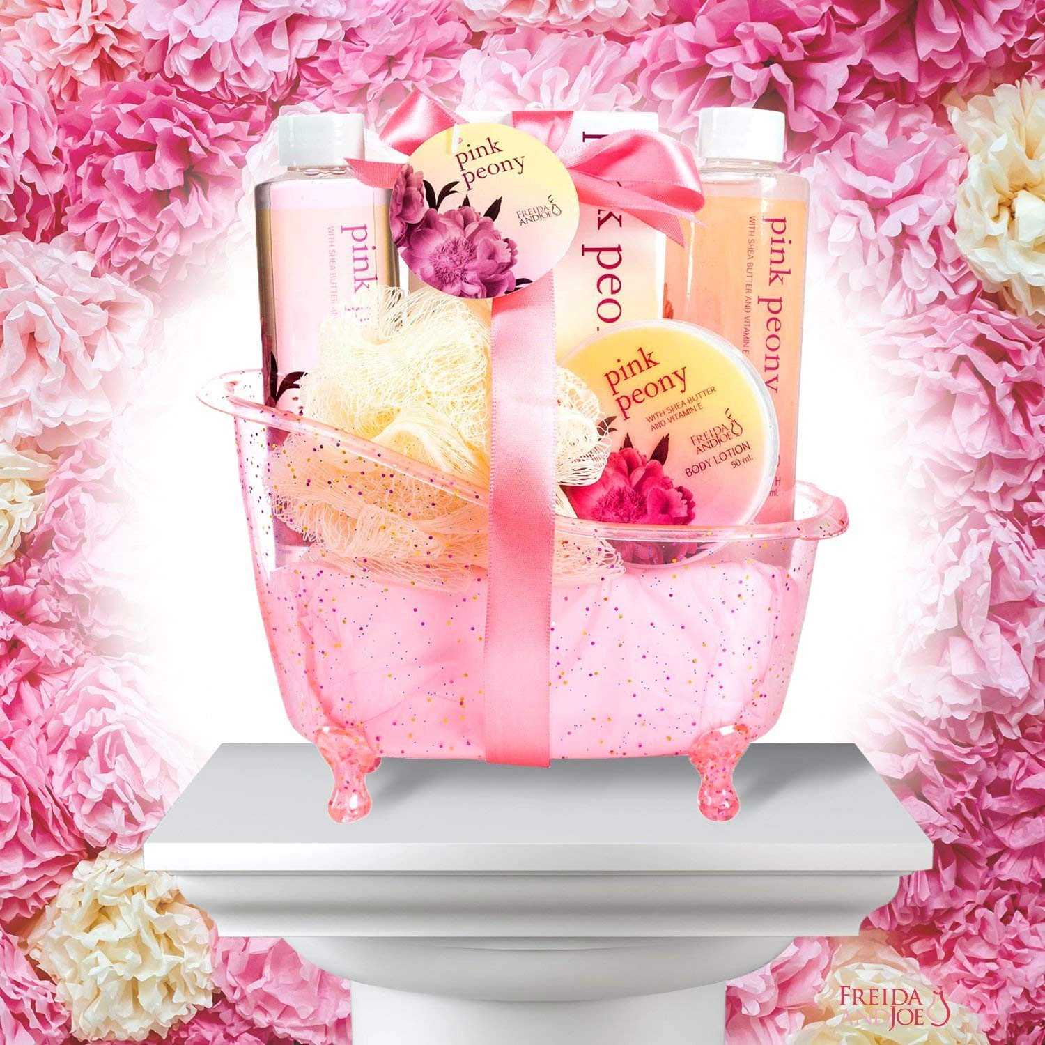 Freida & Joe Women Peony Bath & Body Spa Gift Set In A Tub Basket Valentine's Gift