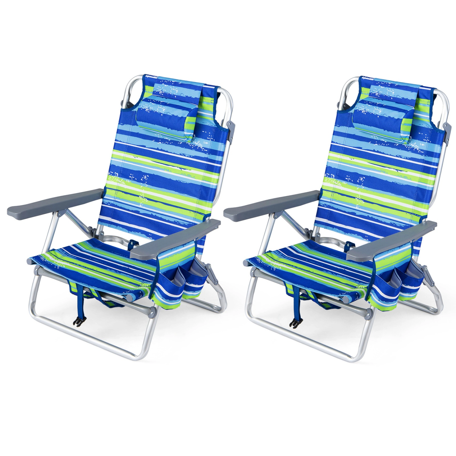 SUGIFT 5-Position Folding Backpack Beach Recliner Chairs Set of 2 330-lb Capacity with Padded Headrest Blue and Green