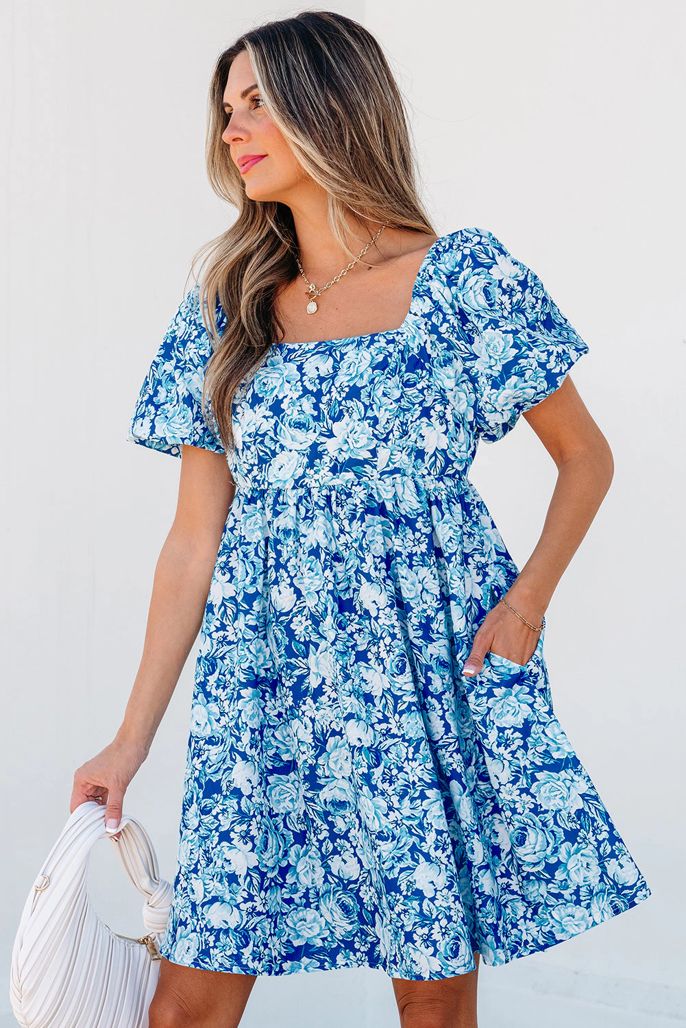 Threaded Pear Women's Azalea Floral Puff Sleeve Babydoll Mini Dress